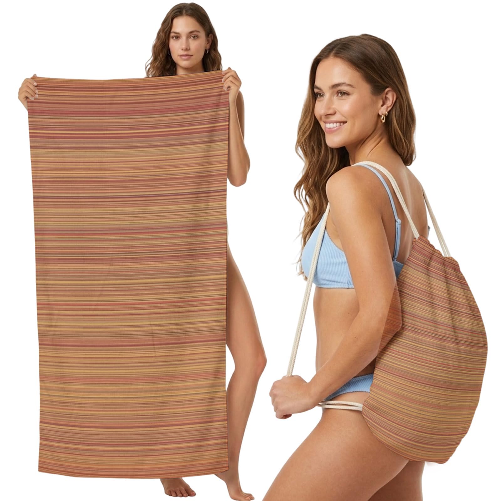 Beach Towel Bag 2 in 1 Brown Lines Waves Bath Pool Towels Backpack Horizon Stripes Absorbent Beach Towel Soft Quick Dry Lightweight Packable Towels Drawstring Bag for Travel Camping Sports Yoga Picnic