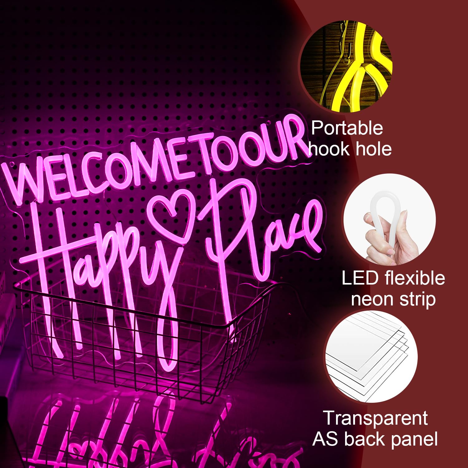 Neonschild mit Aufschrift "Welcome To Our Happy Place", mit USB, dimmbar, fröhliche Buchstaben, leuchtendes Schild für Schlafzimmer, Hochzeit, Party, Heimdekoration (42 x 32 cm)