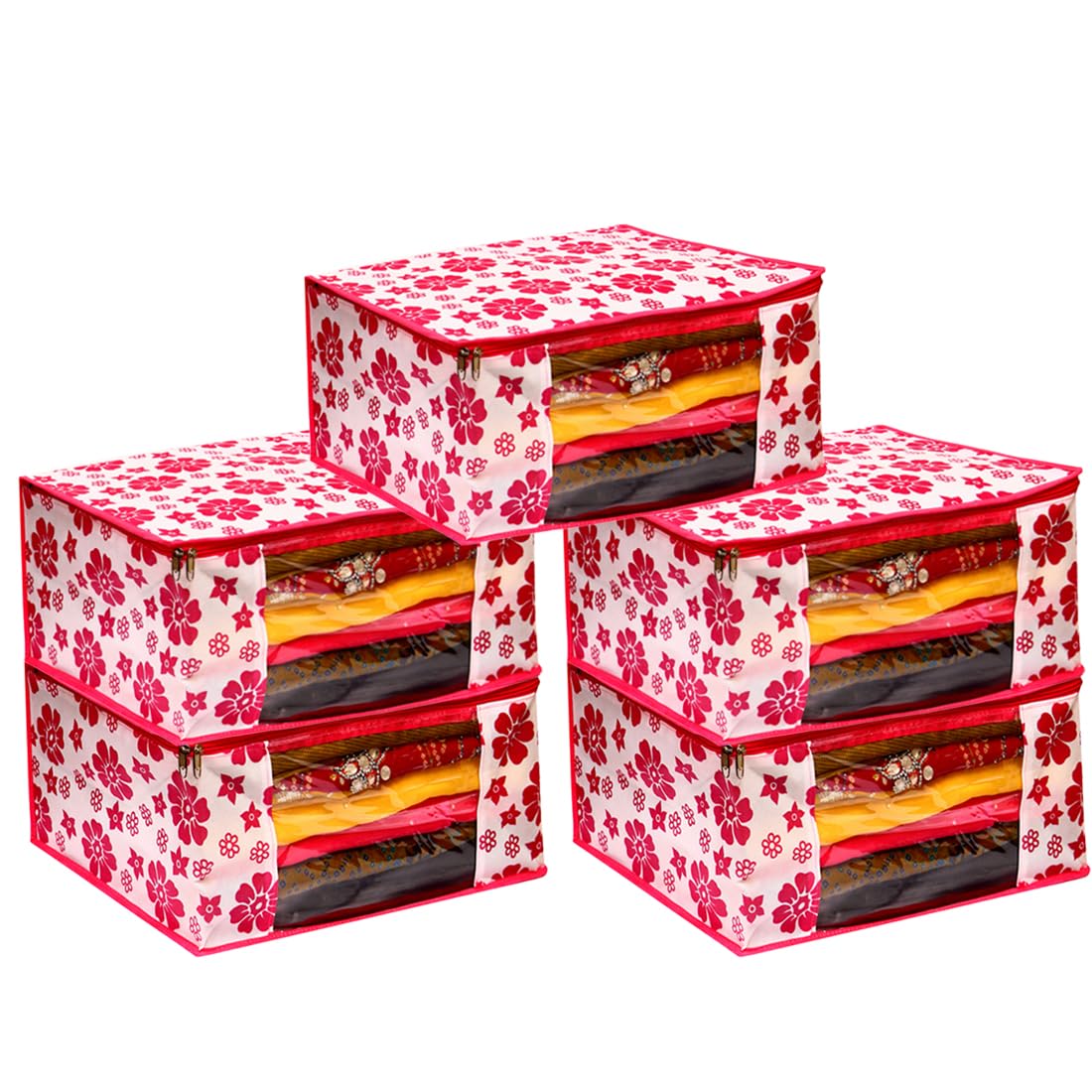 AMAK INC Saree Cover, Zipper Closure Saree Storage Bag, Saree Organizer for Wardrobe with Transparent Window, Clothes Storage Bags for Lehenga, Floral-Polka Design, Pink, Pack of 5