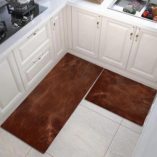 Abstract Leather Texture Kitchen Mats, Retro Aesthetics Kitchen Rugs Set of 2, Rust Brown Washable Floor Carpet, Xmas Decor Mats for Hallways