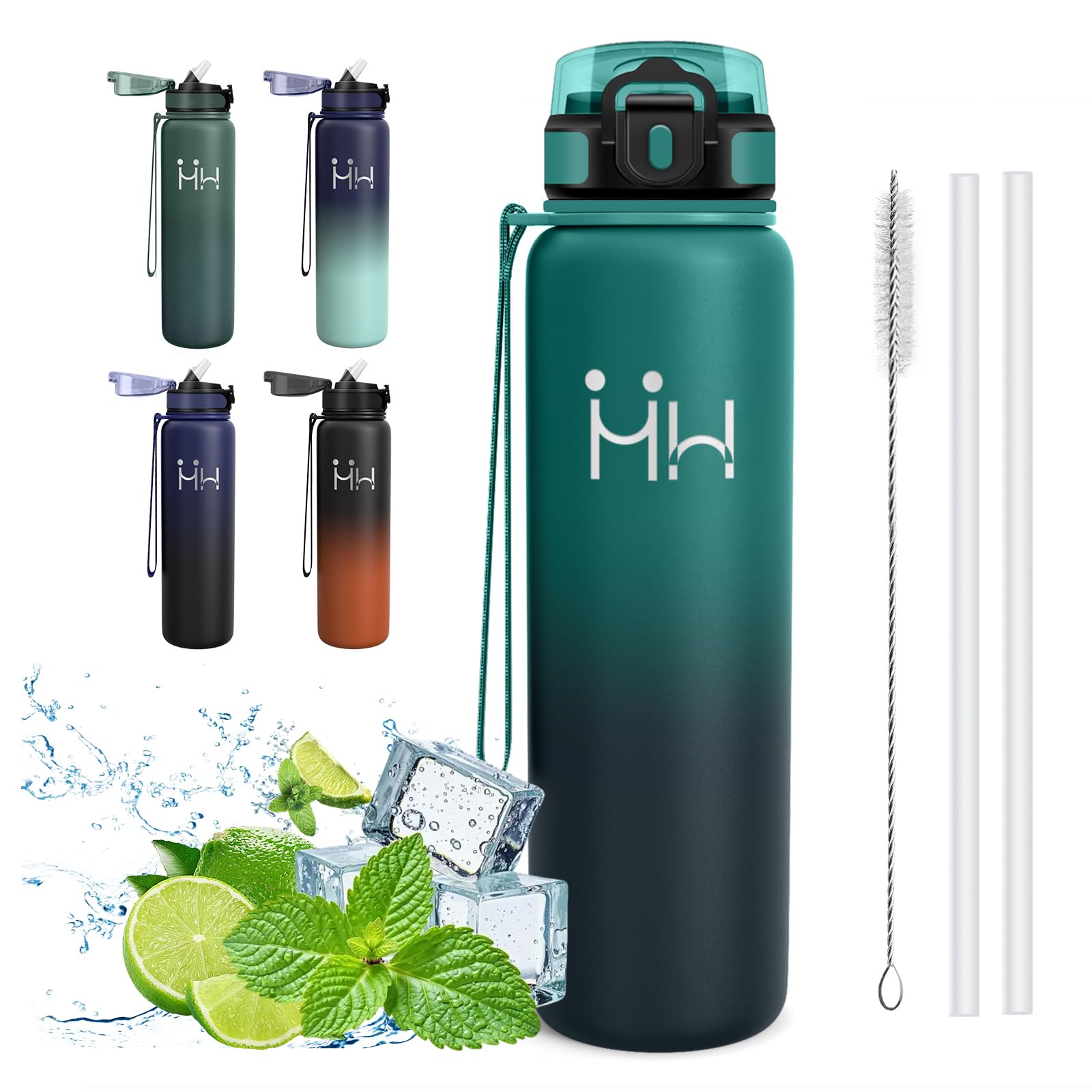 Mujigaga Insulated Water Bottle, 1 Litre Water Bottle, BPA Free, Water Bottles with Straw, No Leakage, Thermal Bottles, Vacuum Insulation, with Straw Brush, for Climbing, Work