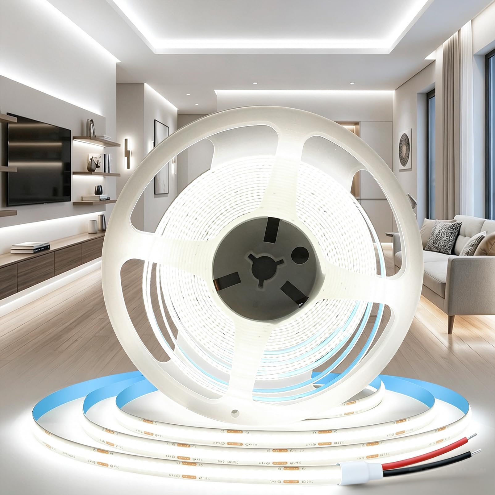 BAGZY 12V COB LED Strip Lights 5M/16.4ft Cool White 6000K Width 8mm Self Adhesive Tape Lights Cuttable 320LEDs/M Uniform Dotless for Kitchen Under Cabinet Bedroom Living Room (No Power Supply)