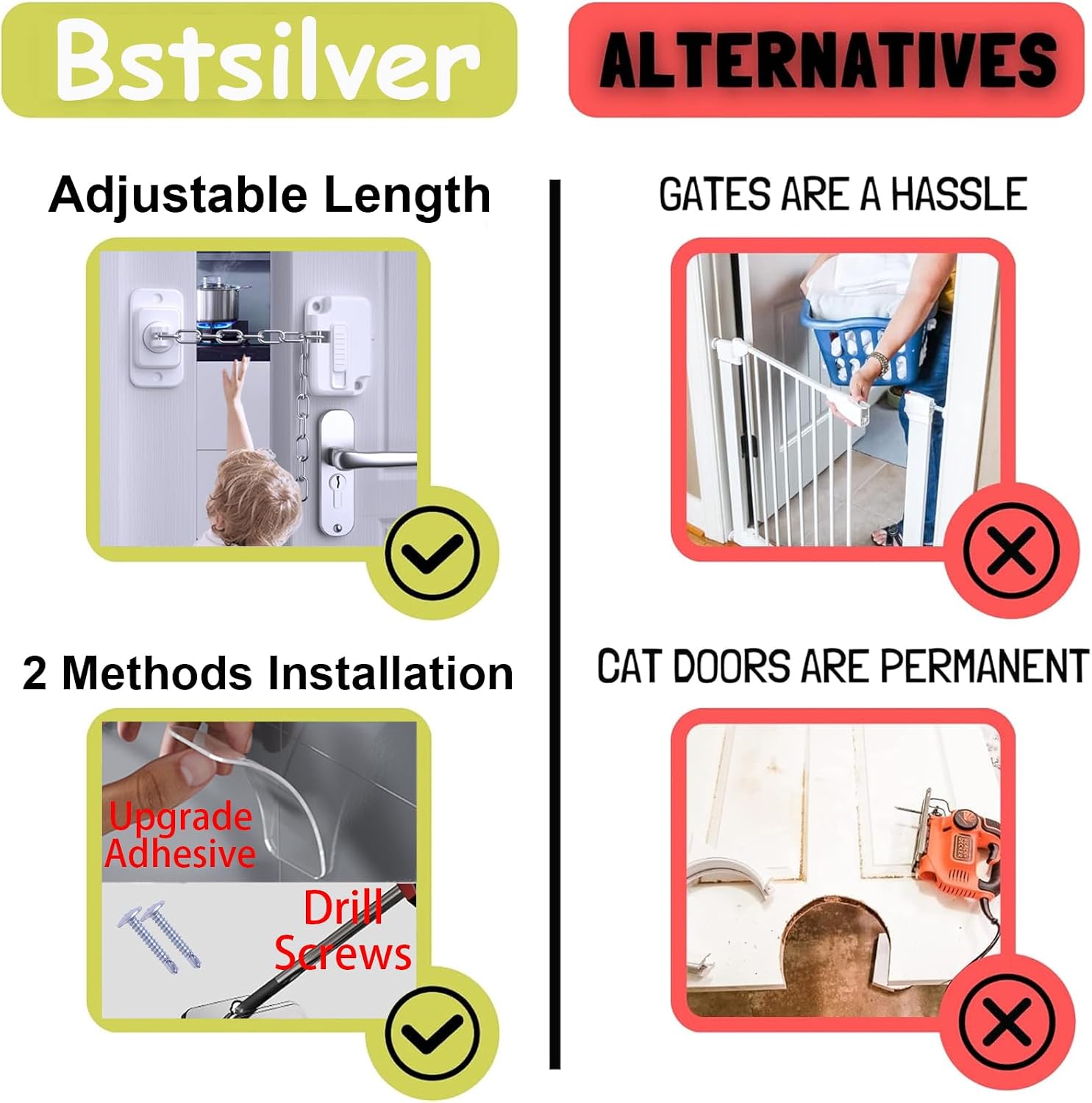 Babyproof Cabinet Locks, No Drill Adjustable Strap RV Child Safety Refrigerator Latch for Drawer Fridge, Cat Door Latch, Keep Dog Out of Litter Box, Toddler Proof Sliding Window Lock, 2 Pack
