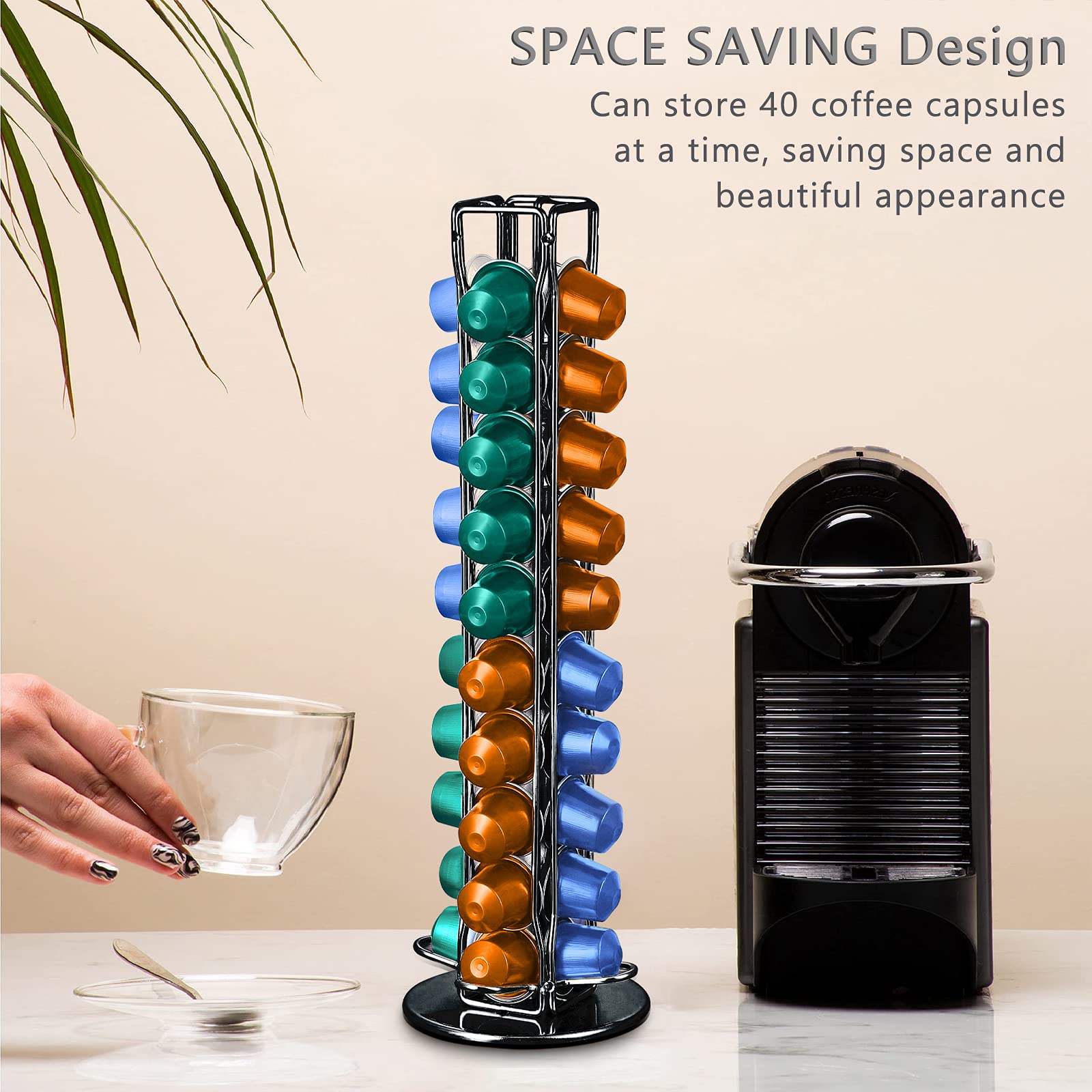 Frasheng Soportes para Cápsulas de Café,Puede Contener 40 cápsulas,360 Grados Giratorio,La base de fieltro y antiarañazos protege,Hecho de metal,Negro