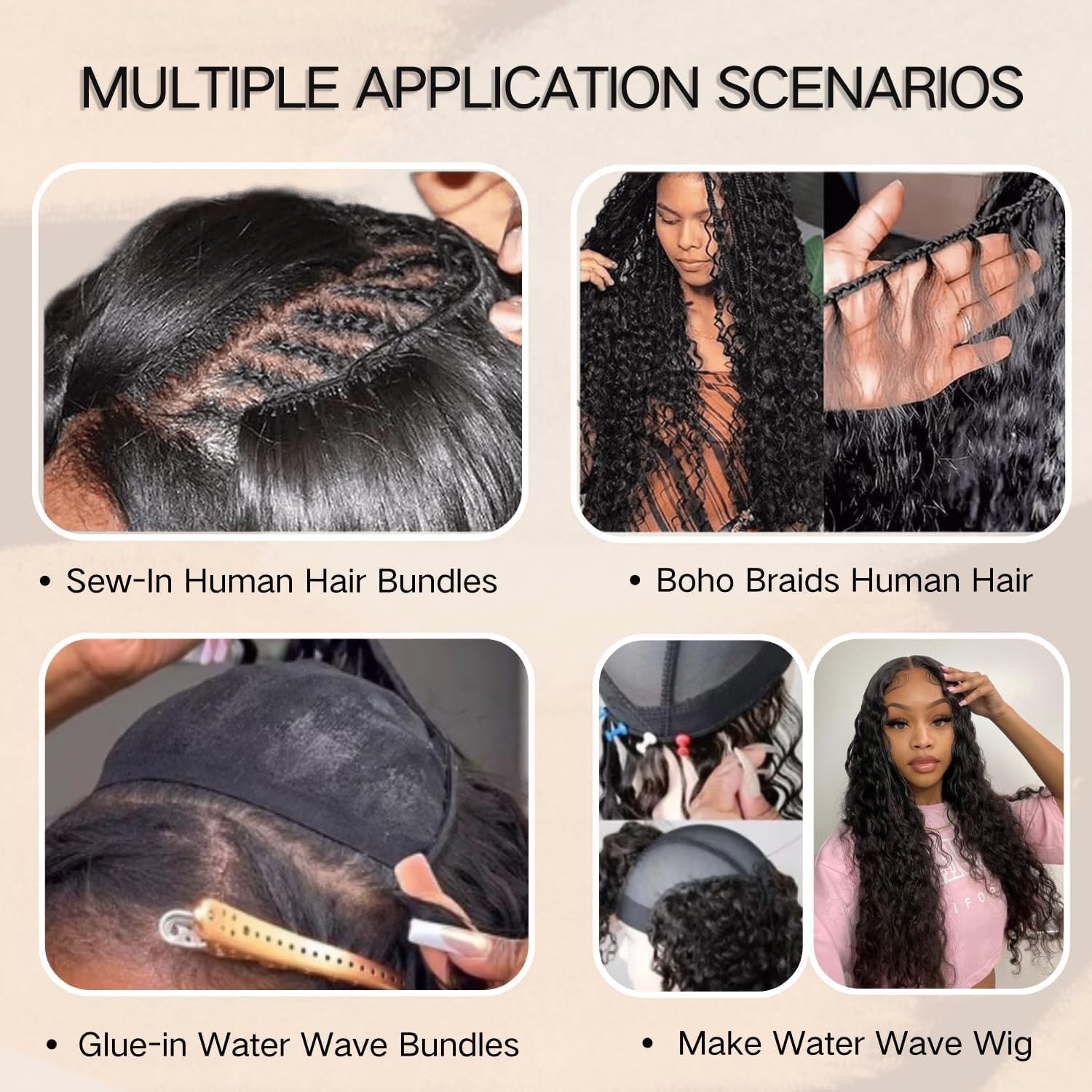 Water Wave Human Hair Bundles Echthaar Tressen Extensions Menschliches Haar Extensions 3 Bundles 100g/pcs Double Weft #1B Natural Black for Woman 12 14 16 Inches (300g Total)