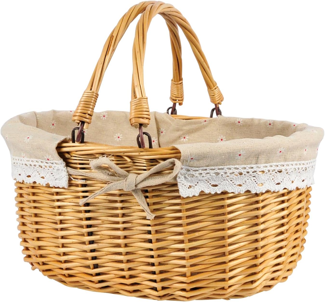 Small Wicker Basket With Foldable Handle, 13" x 10" x 5" Oval Willow Picnic for Easter Outdoor Camping Hand Woven Shopping Gift Organizing Flowers Fruits Hunting Eggs