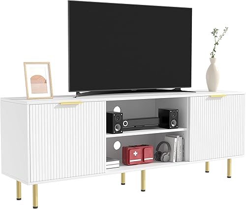 Soporte de TV para TV de más de 65 pulgadas, consola de TV moderna para sala de estar, dormitorio, centro de entretenimiento de madera con armarios