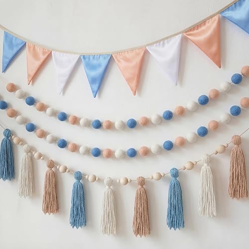 4 Pcs Baby Shower Party Decoration Kit Pennant Bunting Banner Tassel Garland Pom Pom Wall Hanging Banner Decorative for Nursery Playroom Wedding Birthday Party(Blue,Brown,Classic)