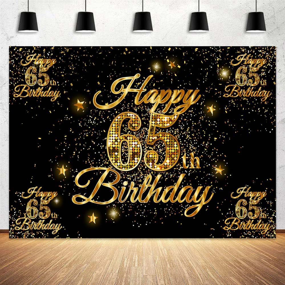 65th Birthday Party Decoration for Men Women, Happy 65th Birthday Backdrop Poster Black Gold 65 Years Birthday Party Suppiles Background for 65th