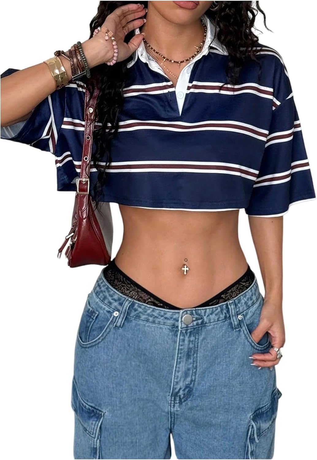 Milumia Women's Striped Collared Crop Top Shirt Half Sleeve Cropped Rugby Shirt Y2k Going Out