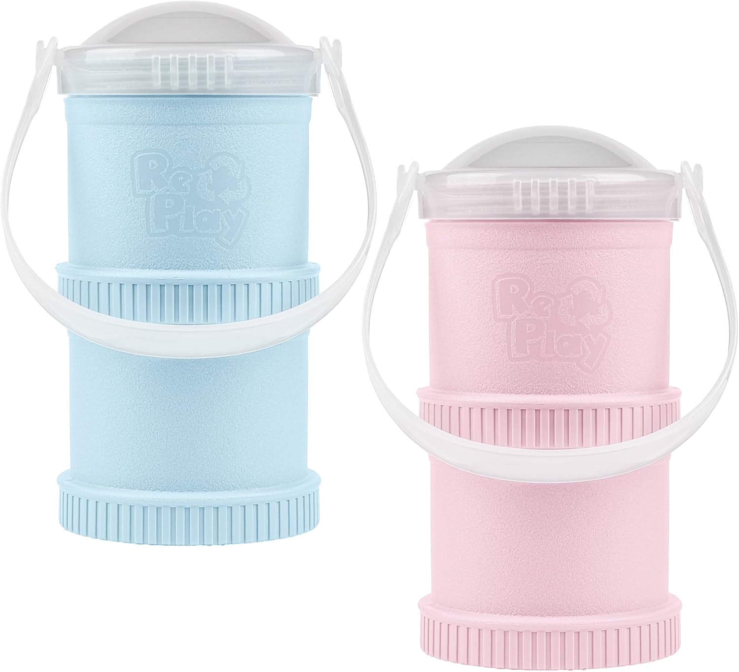 Re-Play Snack Stack Toddler Containers, 2 Sets - Stackable Cups with Travel Lid & Strap for On-the-Go, BPA-Free, Made in USA, Ice Pink/Ice Blue