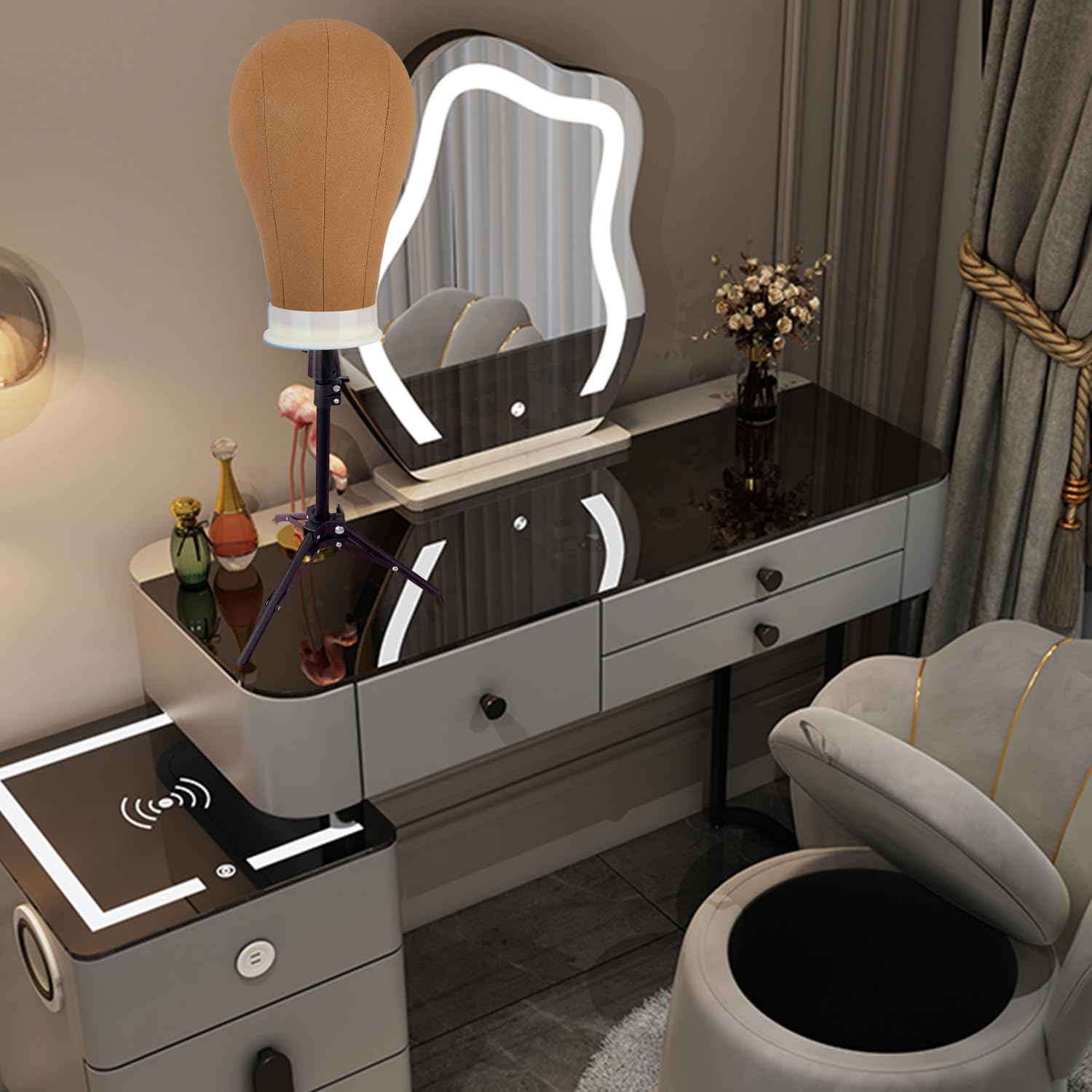 SZCY LLC 23 Inch Canvas Block Wig Head(Khaki), Wig Stand Tripod with Head, Mannequin Head for Wigs, Manikin Canvas Head Block Set for Wigs Making Display with Wig Caps, T Pins C Pins Set Comb