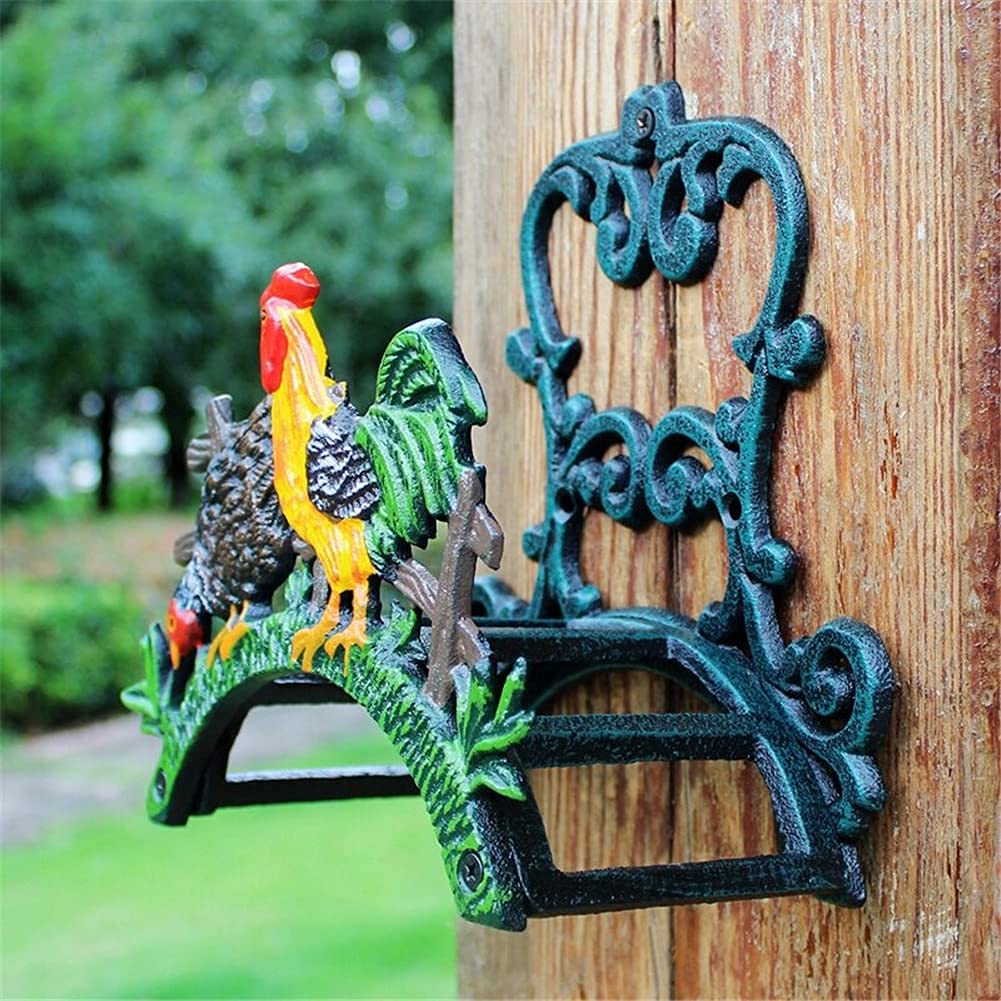 Soporte de manguera montado en la pared para jardín de hierro fundido, soporte de manguera de metal para gallo encantador, carrete de estante de manguera para interiores y exteriores decorativo de e