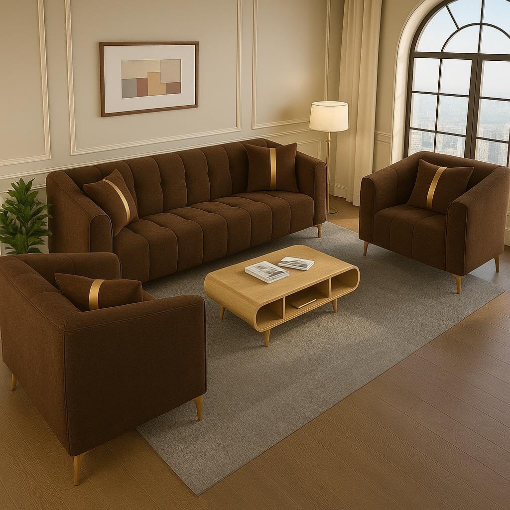Alzio 5 Seater Sofa Set 3+1+1 Washable Velvet Fabric for Living Room Modern Style Comfortable Seating (Brown)-image-32