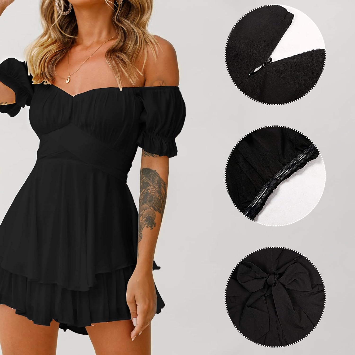 Rompers for Women Boho Off Shoulder Rompers Short Sleeve Ruffle Layer Back Tie Mini Short Jumpsuit - Image 4