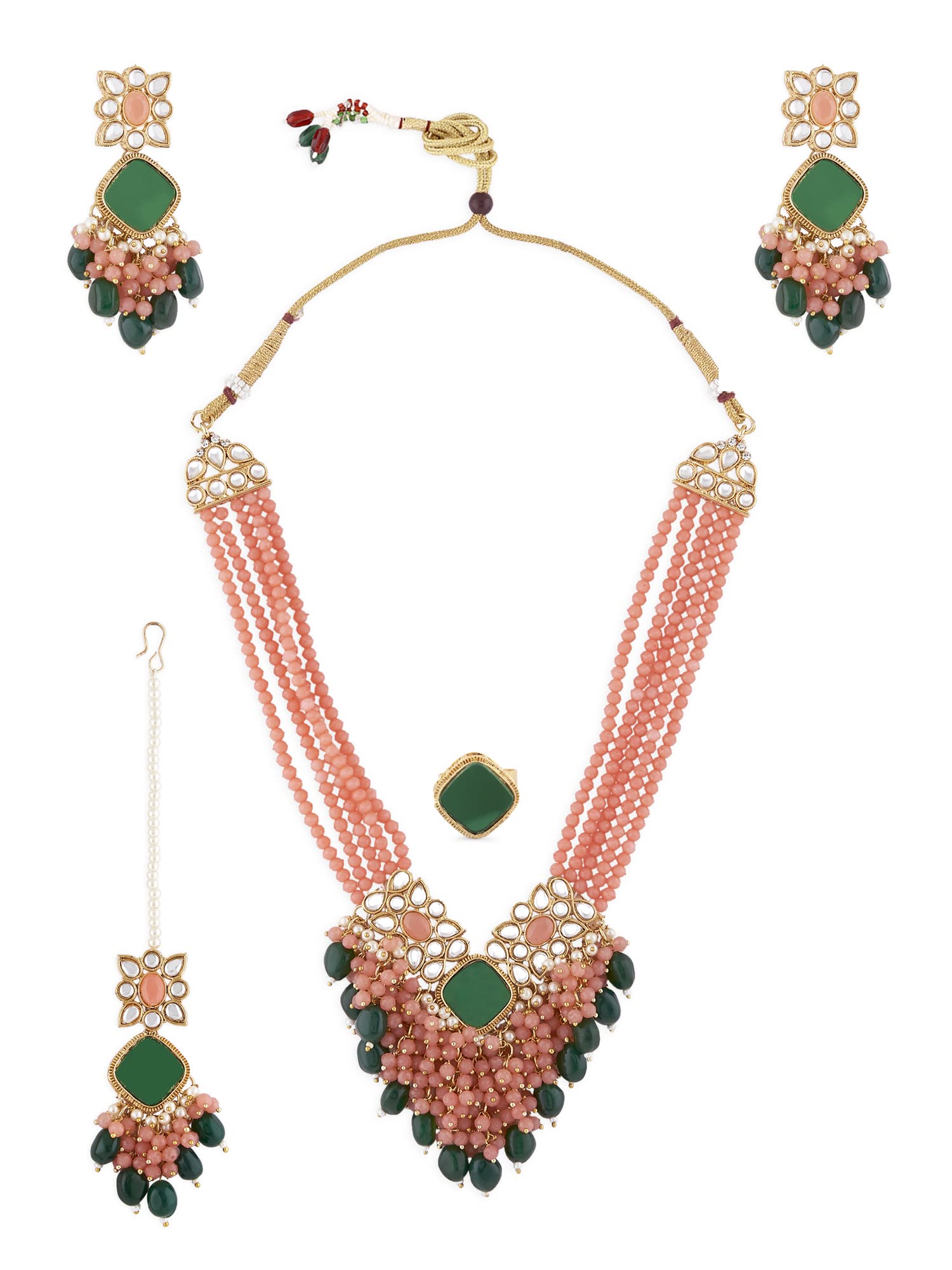 ZAVERI PEARLS Peach Multistrand & Green Mirror Kundan Cluster Necklace Earring Maangtikka & Ring Set For Women-ZPFK14603 (B0BCGV81L5) Amazon Price History, Amazon Price Tracker