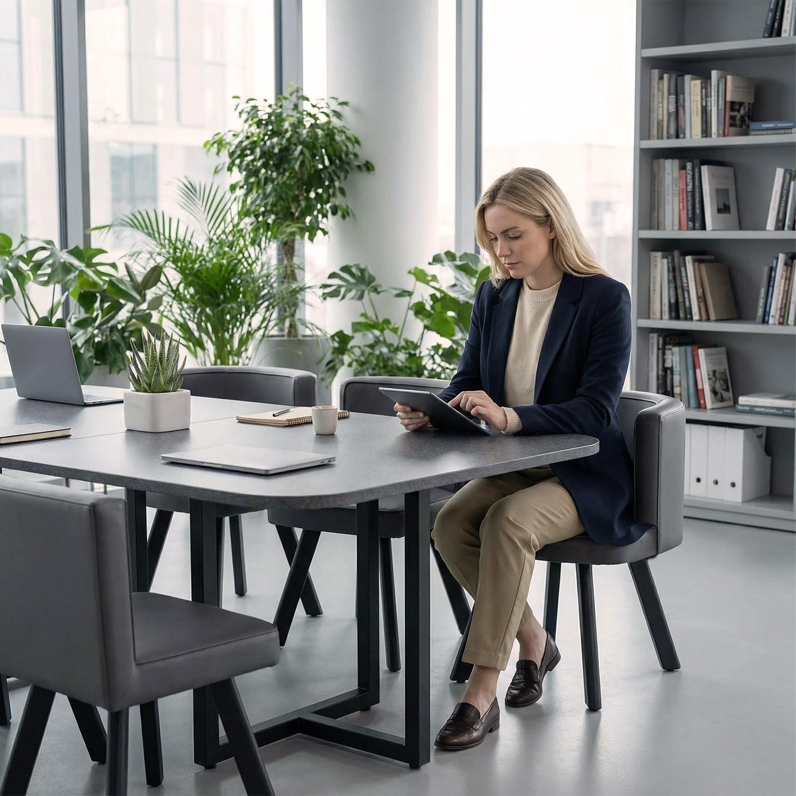 Konferenztisch 180x90cm, Moderner Besprechungstisch mit Metallrahmen und 8 Stühle, Rechteckiger Meetingtisch für 6–8 Personen für Büro, Konferenzraum, Seminarraum, Esszimmer (Grau)