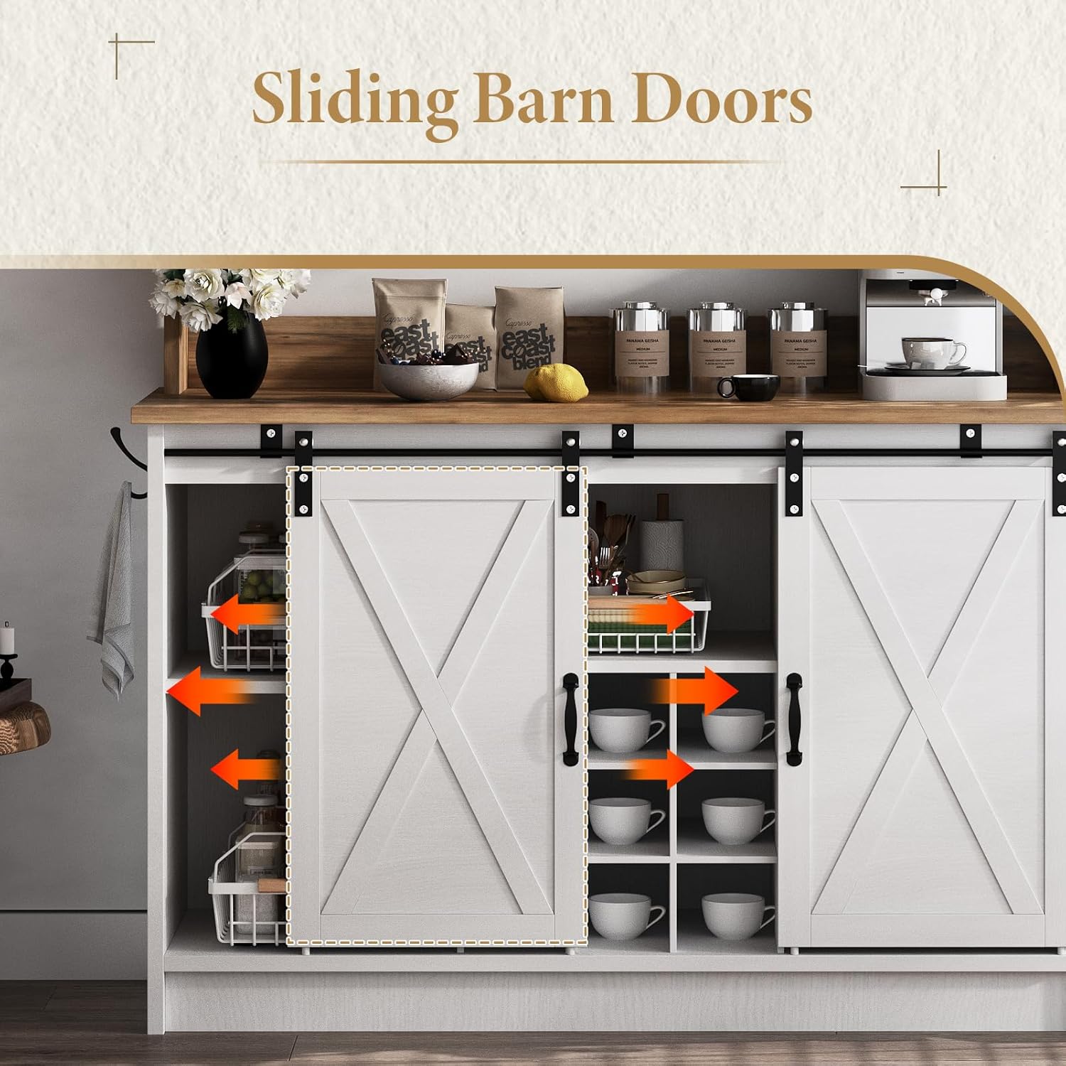 4ever2buy Farmhouse Coffee Bar Cabinet with Storage, 47'' Buffet Cabinet with Hutch and Sliding Barn Door, Coffee Bar with 9 Wine Racks and 6 Hooks for Dining Room, Living Room, White