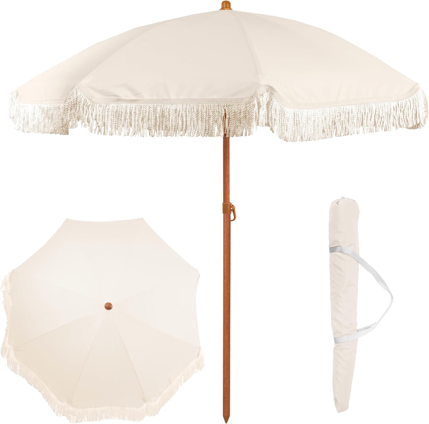 6 Ft Fringe Patio Umbrella - Outdoor Umbrella for Patio, Pool, Table, Garden, Deck, Beach, and Outdoors - Fashionable Boho Vintage Tassels & Wood Print - Push Button Tilt Pole