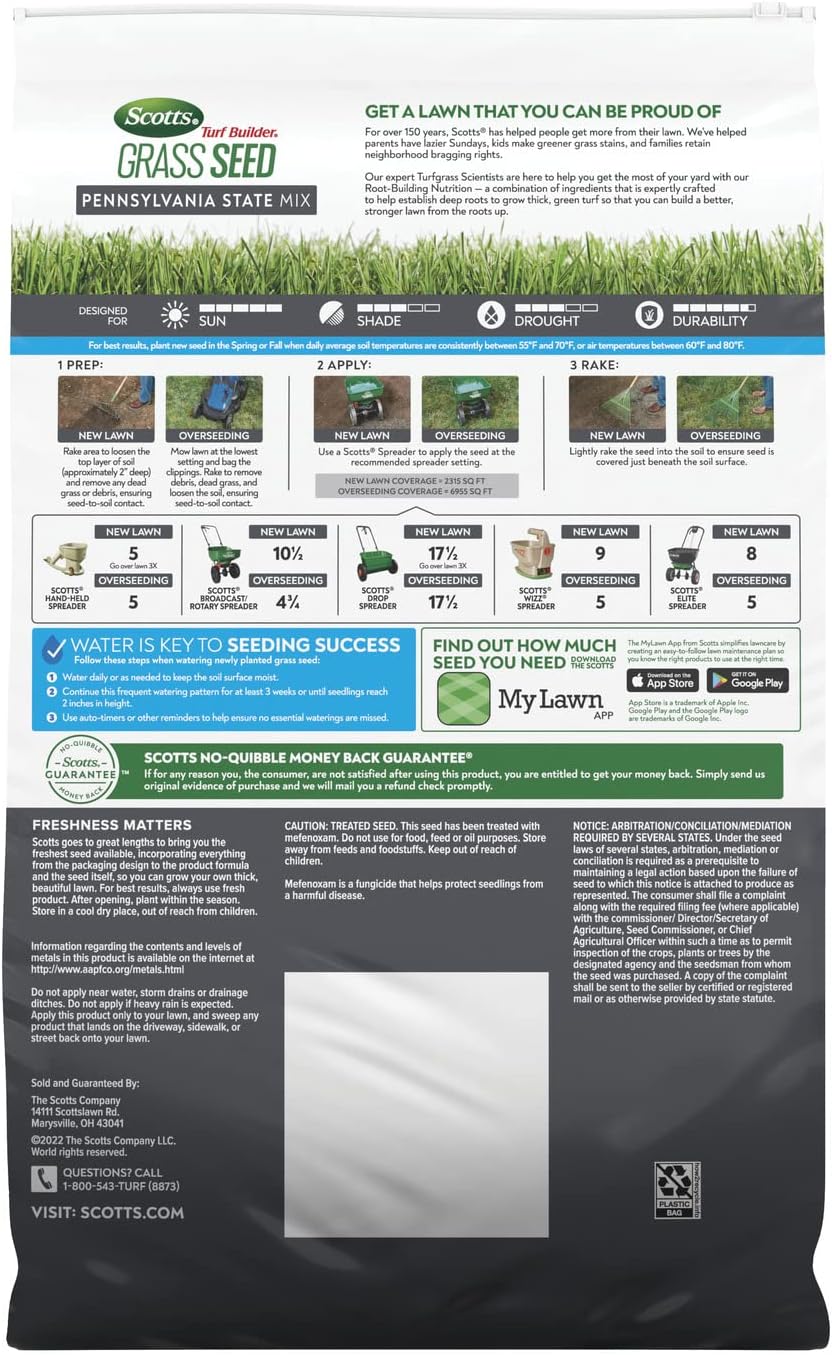 Scotts Turf Builder Grass Seed Pennsylvania State Mix with Fertilizer and Soil Improver, Premium Mix, 16 lbs.