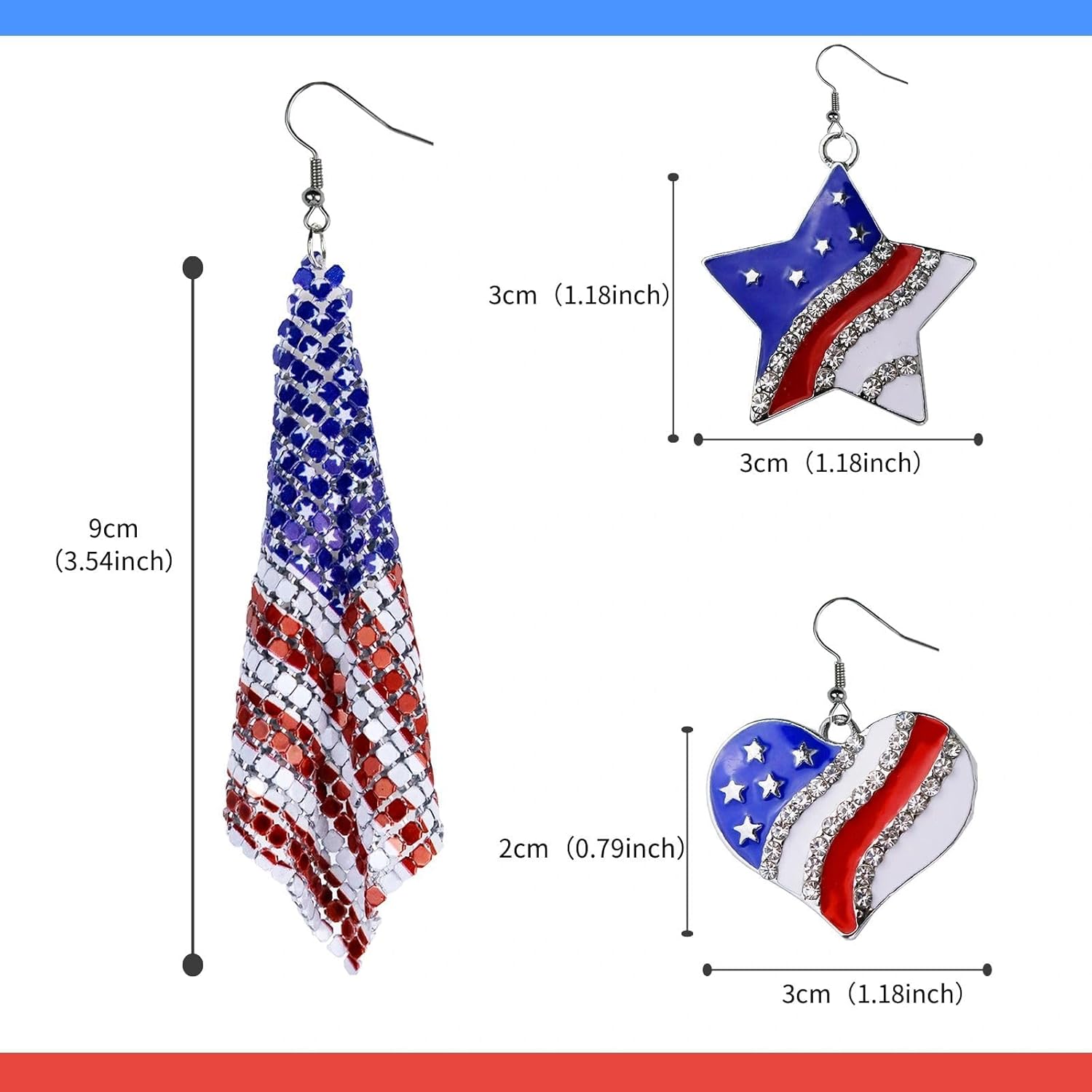 3 Pairs Woman Earrings American Flag 4th of July Earrings Patriotic Star Earring - Image 3