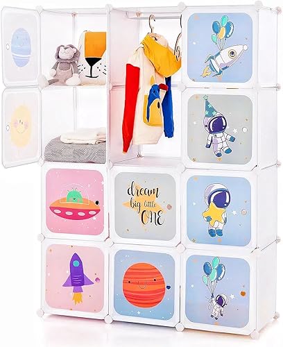 INFANS Armario para niños, armario portátil para bebé, lindo para dormitorio de niños, armario de guardería con puertas, 12 cubos, 2 secciones para