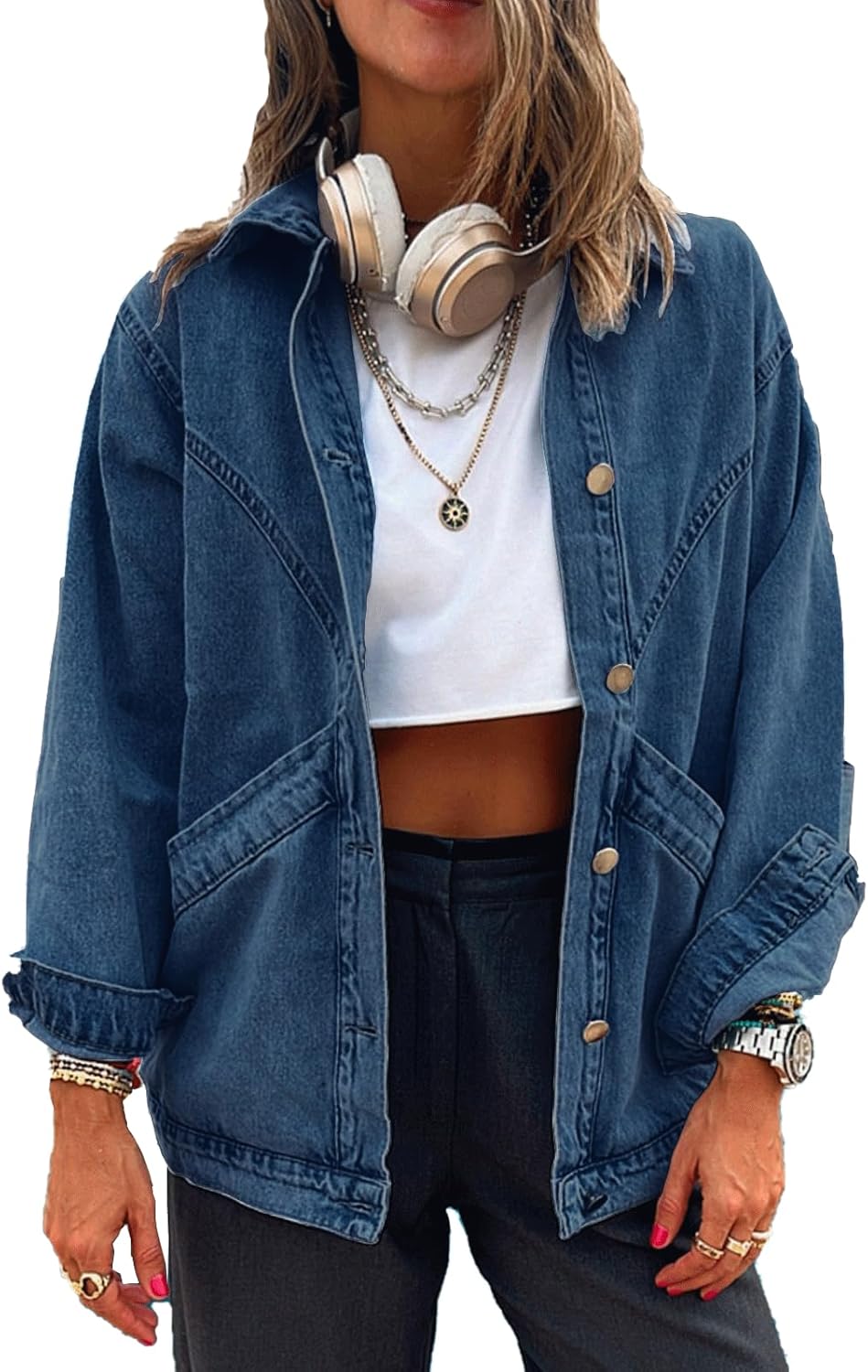 MJFCS YAENH Women's Casual Oversized Button Up Denim Jackets Shacket Long Sleeve Pockets Denim Jean Jacket with Huge Pockets
