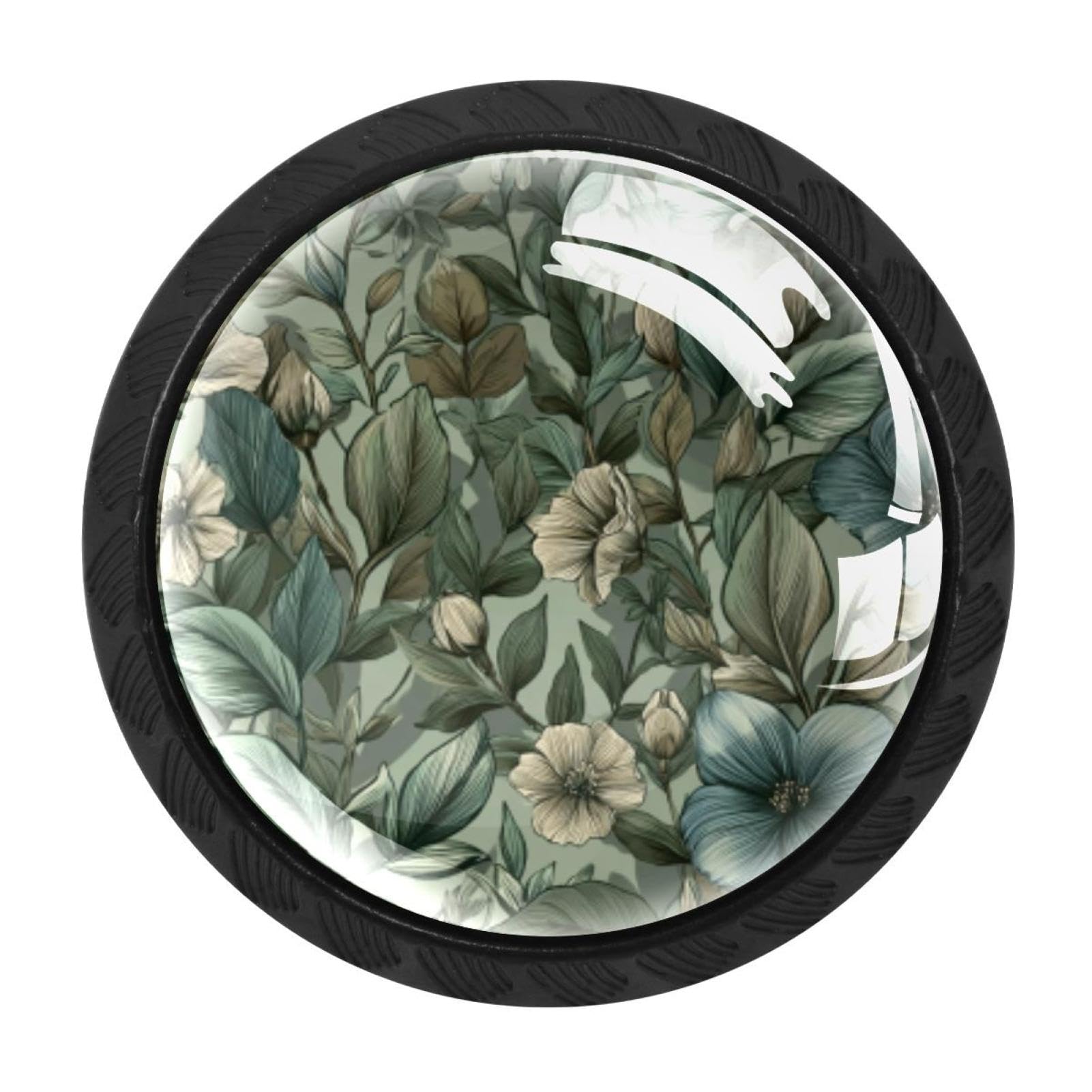 CHENZZZZ Sage Green Flowers with Leaves Pattern (3) Drawer Knobs Pull Handle Crystal Glass Circle Shape Cabinet Drawer Pulls Cupboard Knobs with Screws for Kitchen Cupboard Dresser Wardrobe etc