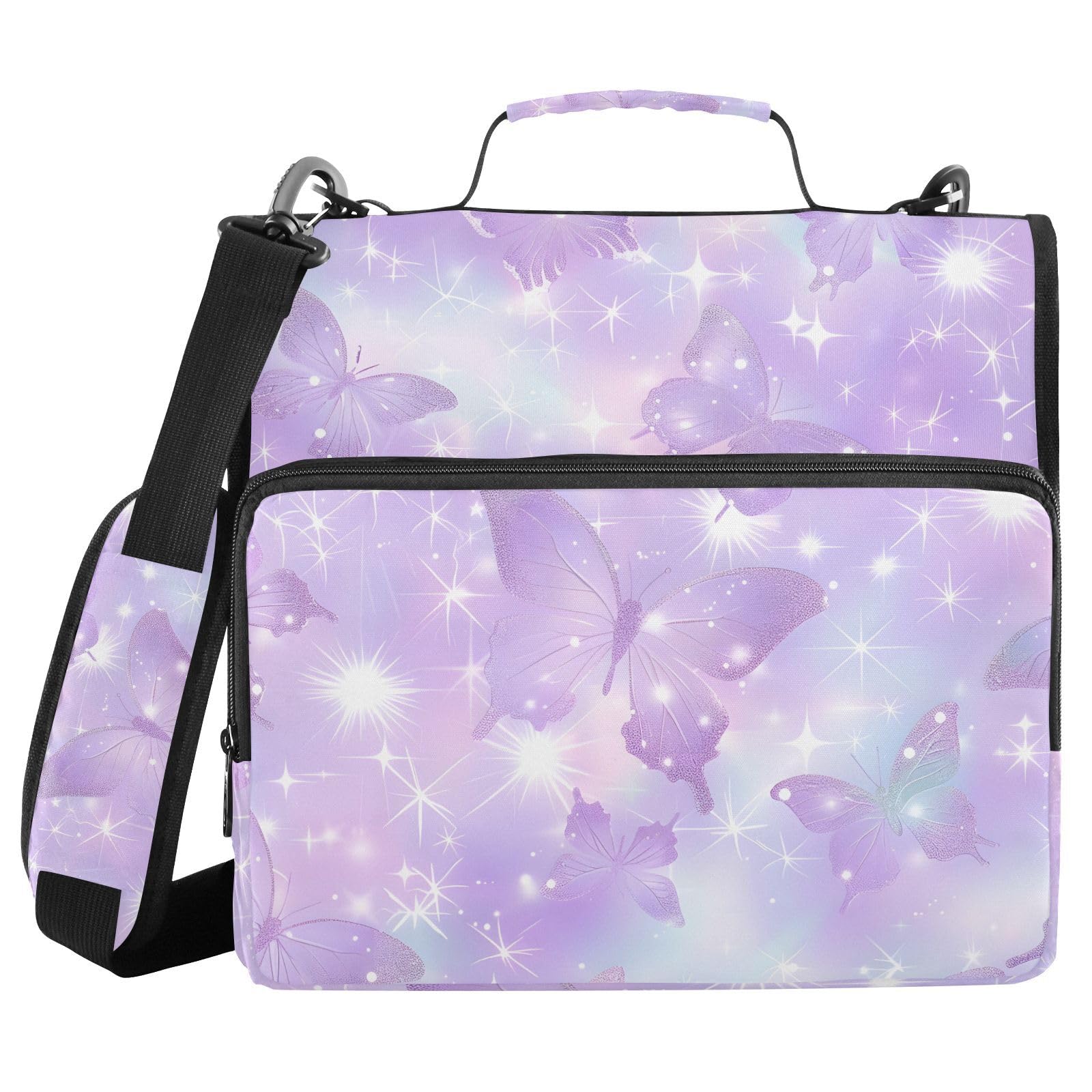 3 Ring Zipper Binder with Shoulder Strap Shiny Glitter Purple Butterflies