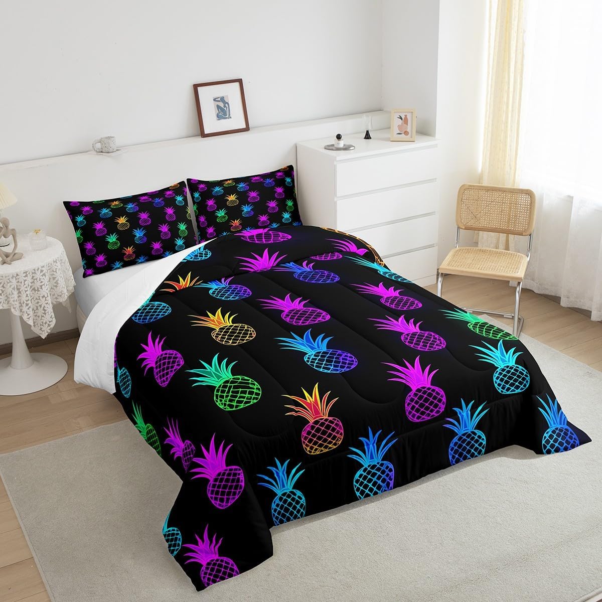 Feelyou Pineapple Comforter Set Queen Size with Pillow Case Colorful Fruits Bedding Set Girls Women Comforter Tropical Pineapple Soft Comforter Set 3pcs Machine Washable