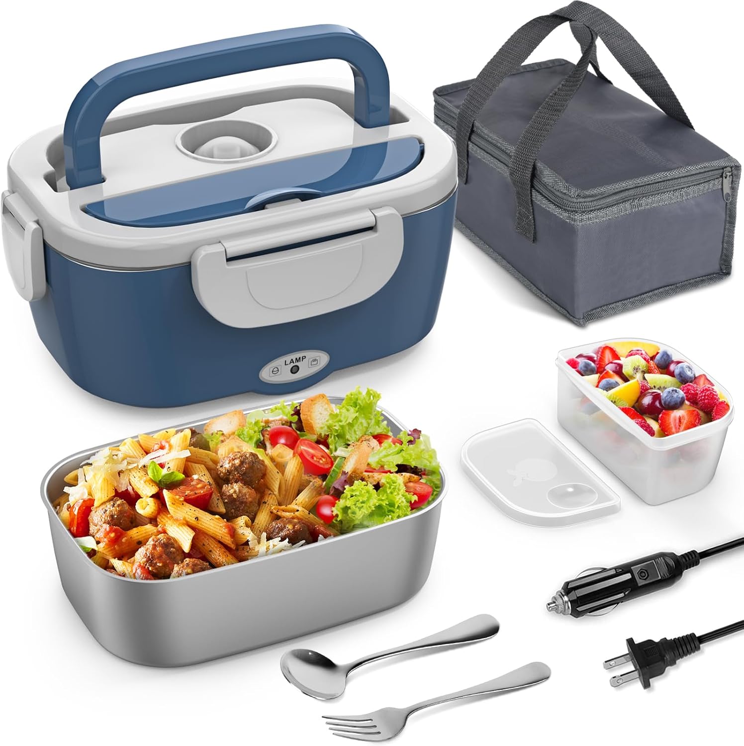 Vingud Electric Lunch Box for Adults, Heated Lunch Box Food Warmer, 80W Portable Heating Lunchbox for Men/Car/Truck with 1.5L Stainless Steel Container, 12V/24V/110V Lonchera Eléctrica Portátil Gift Beige Blue