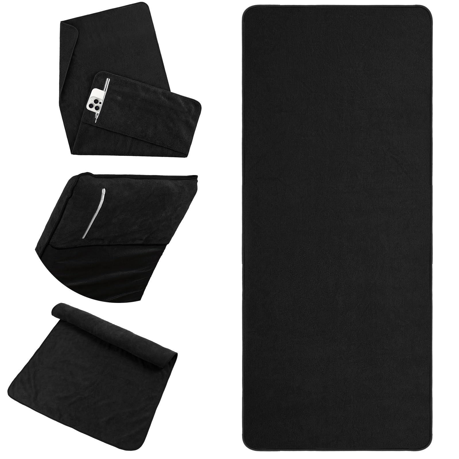 DiULi Gym Towel Men & Women with Zip Pocket,Quick Dry Microfibre Towel High Absorbent,for Gym Fitness,Yoga, Camping, Sports,125 x 50cm, Black