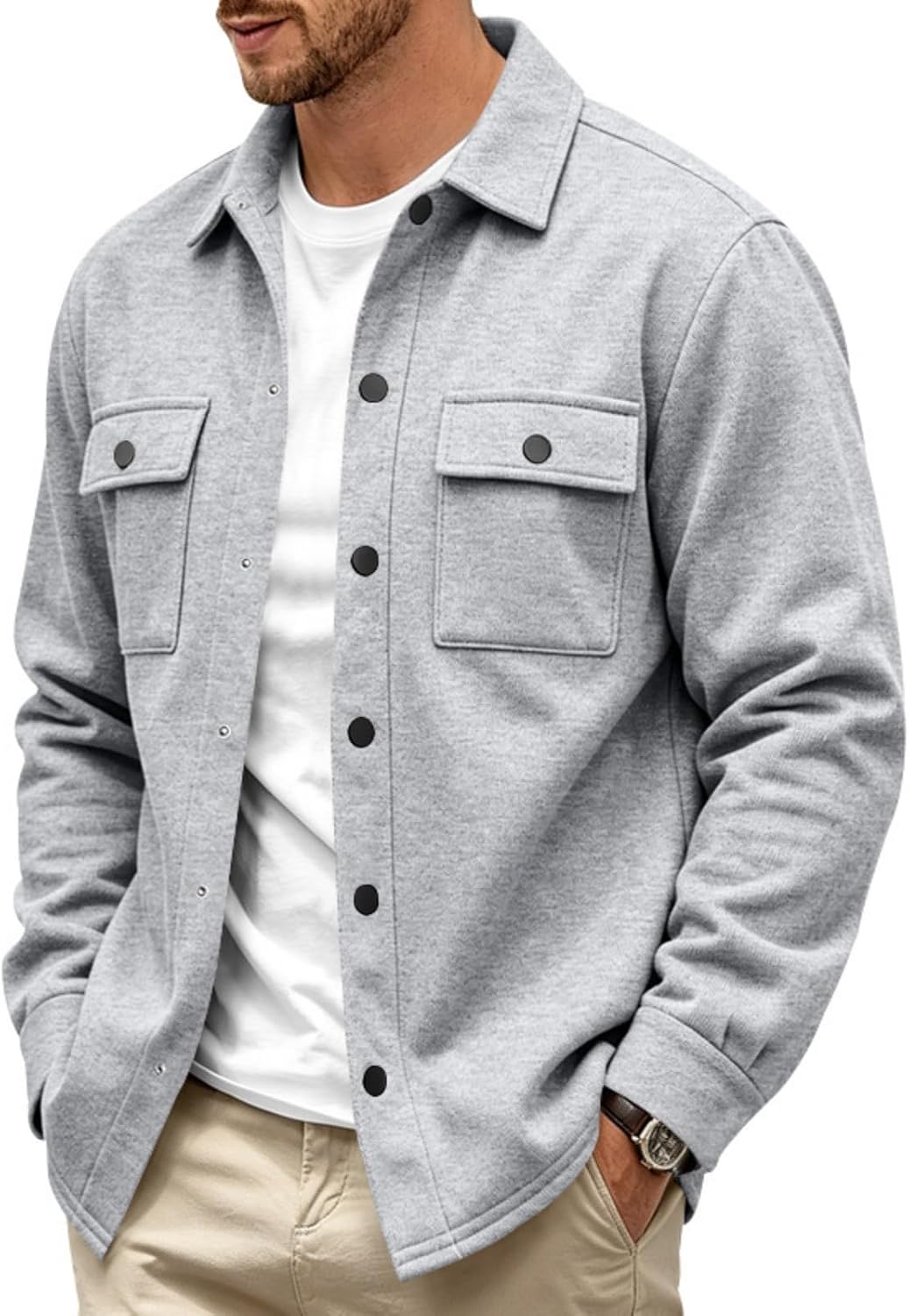Men's Corduroy Collared Jacket Snap Front Chest Pockets Chore Coat