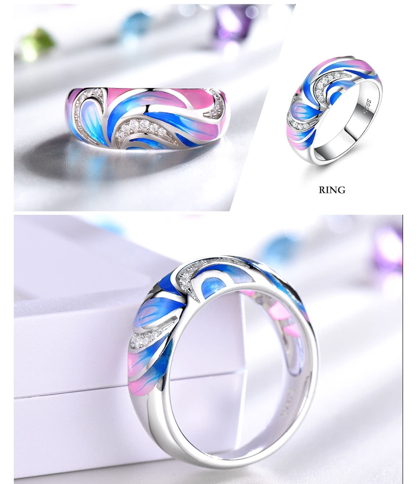 Set di gioielli in argento 925 per le donne, set di gioielli in zircone rosa per le donne smalto fiore orecchino collana e anello gioielli in metallo set