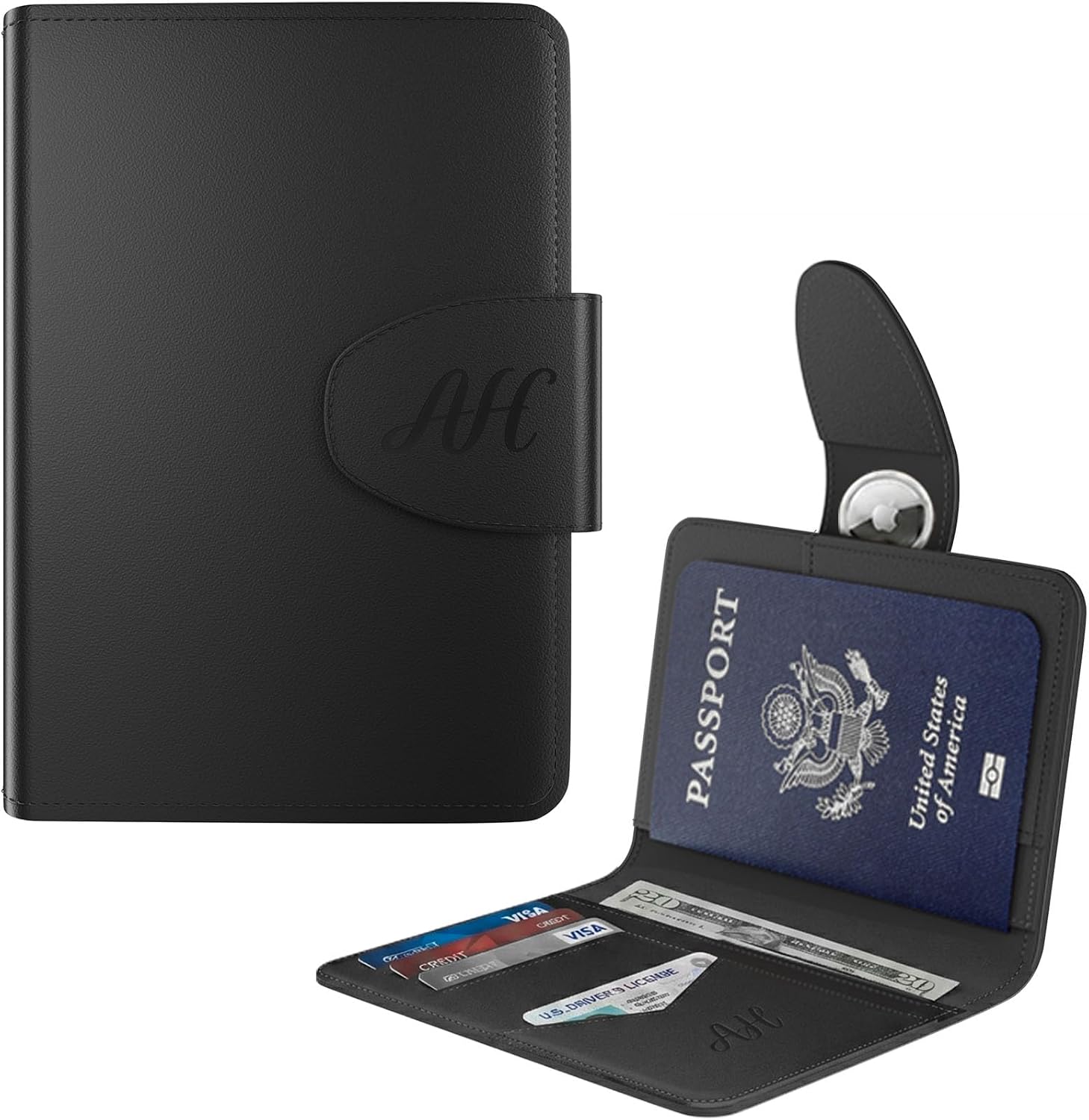 Passport Holder for Travel, Genuine Leather Passport Holder with AirTag SLot, Rfid Passport Cover Travel Wallet for Airport Essentials, Travel Must Haves Gifts (Black)