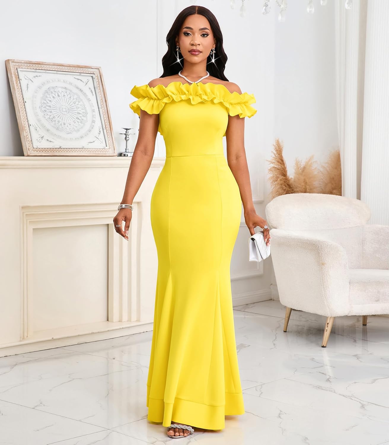 Cololura Sexy Floor-Length Off Shoulder Ruffles Stringy Selvedge Mermaid Bodycon Party Evening Maxi Dress - Image 2