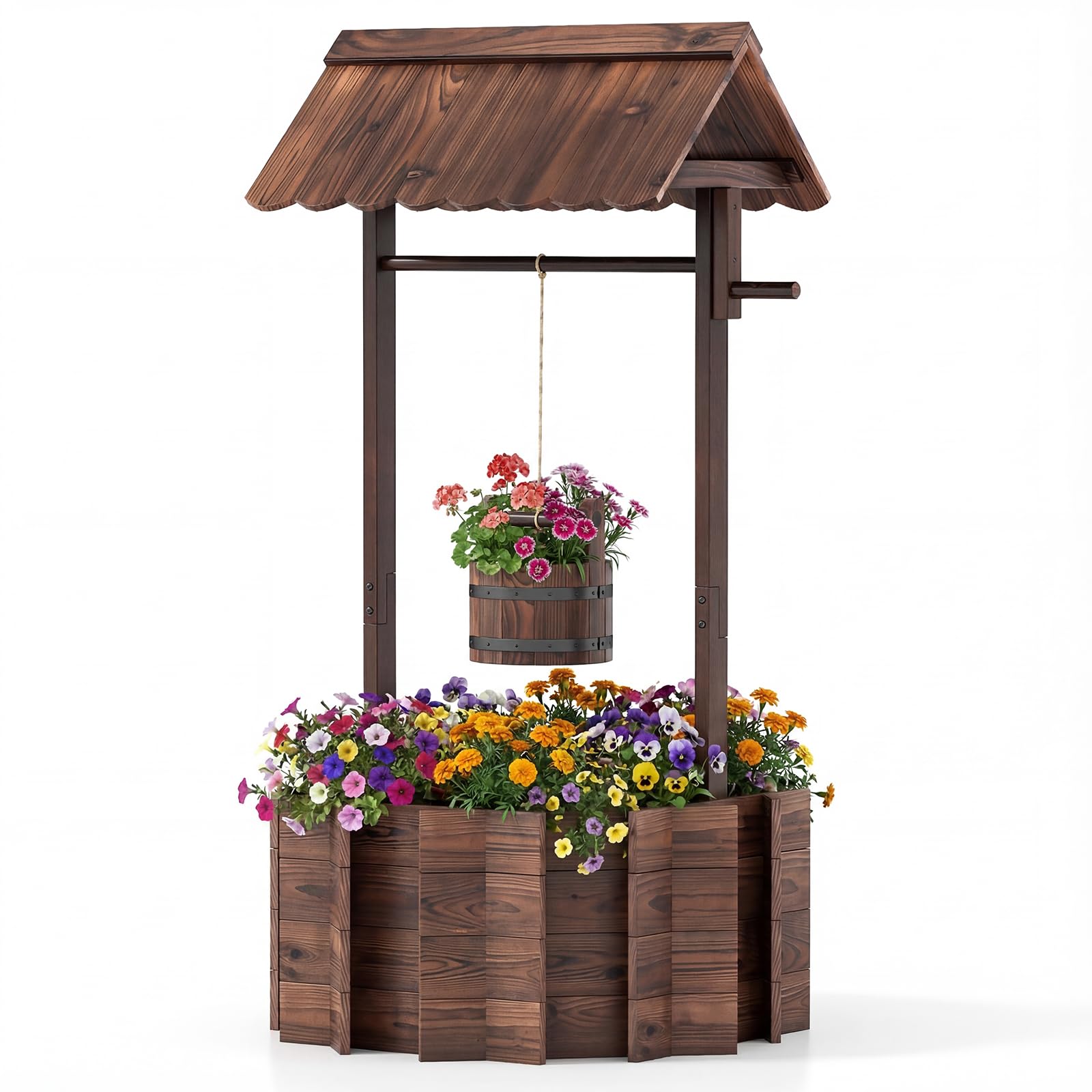 COSTWAY Garden Wishing Well Planter, Fountain Barrel Waterfall Flower Pot with Adjustable Hanging Bucket & Reinforced Rod, Garden Décor Ornament Planting Container (Triangle Roof, 56x56x119cm)