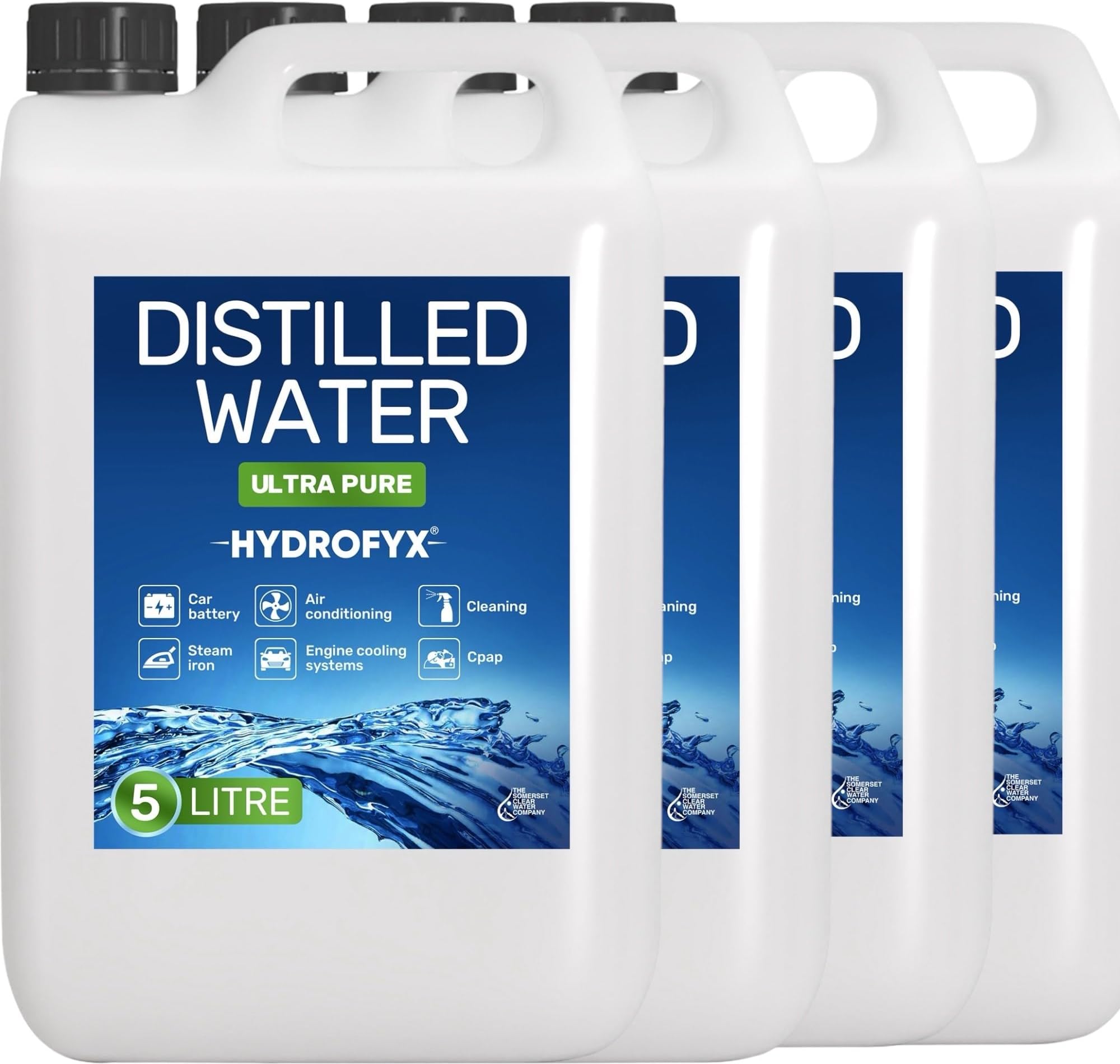 HYDROFYX 20L (4 x 5L) Distilled Water โ 0ppm Ultra-Pure, Lab Certified โ Made in UK โ Ideal for CPAP, Automotive, Cleaning, Steam Irons & More