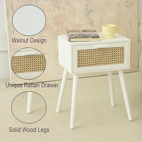 Miniatura 3 de AWASEN White Rattan Nightstand, Modern Bedside Table with Rattan Drawer, End Table with Storage and Solid Wood Legs for Bedroom Living Room Small