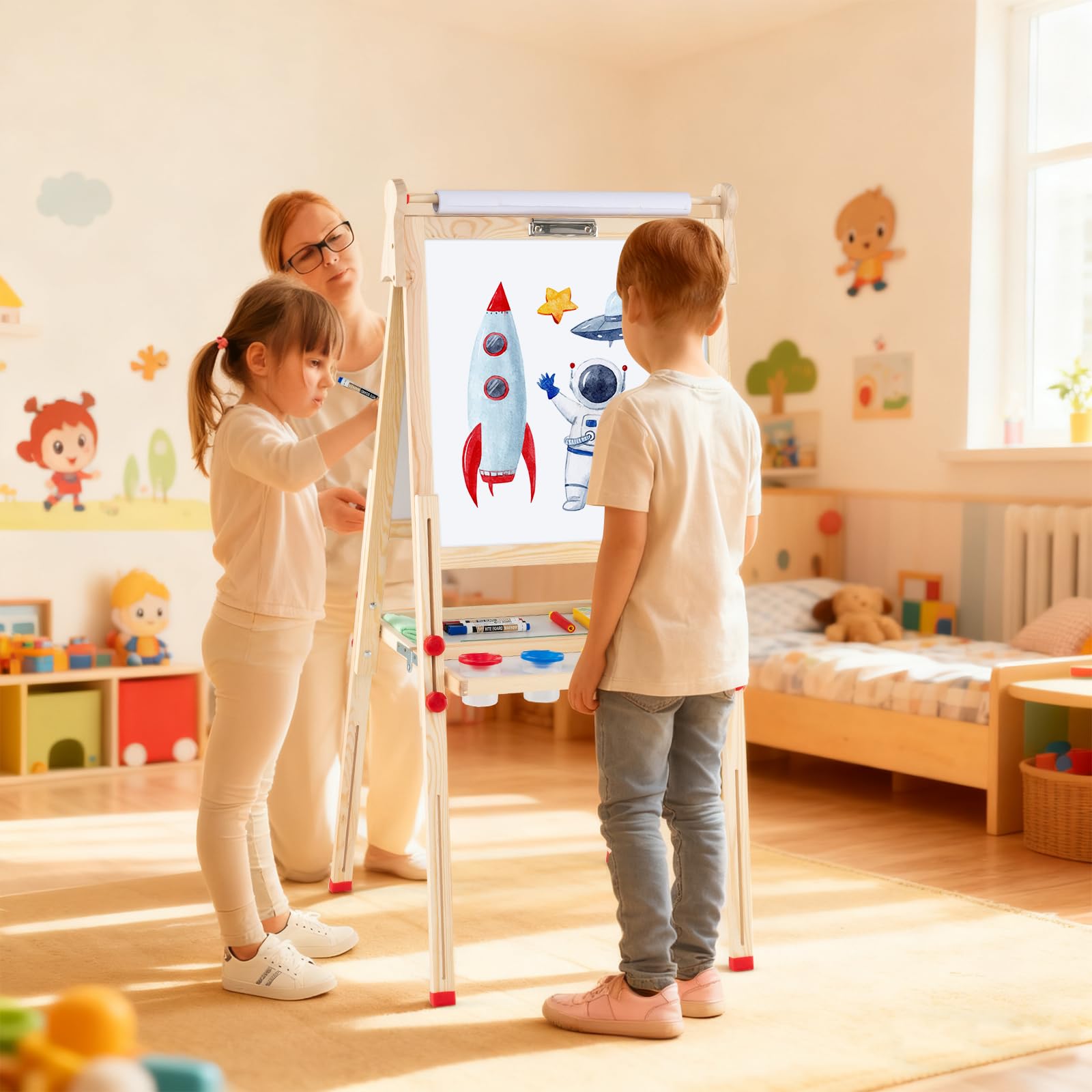 RELAX4LIFE 3 in 1 Lavagna Magnetica per Bambini, Cavalletto per Dipingere Pieghevole, Portatile/Altezza Regolabile 85-147 cm, Giocattolo Educativi 3+ Anni, in Legno di Pino, Accessori Completi