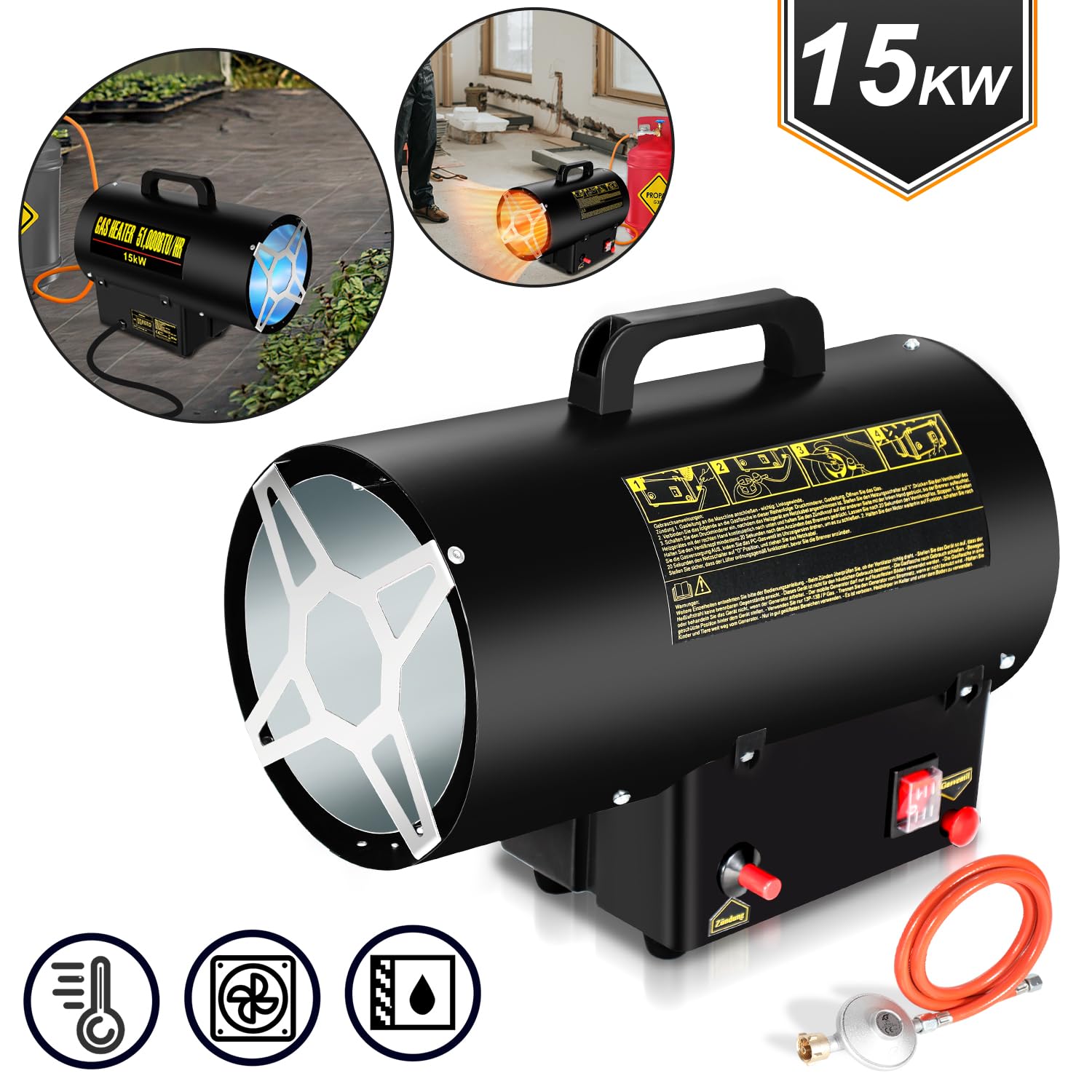 Gasheizgebläse 15 KW Gasheizer Heizkanone,gasheizung für innenräume, 700 mbar Gasheizstrahler inkl. 1.2m Verbindungschlauch, IPX4, Bauheizer für Gasflasche, Strahlungsbereich ca.225㎡