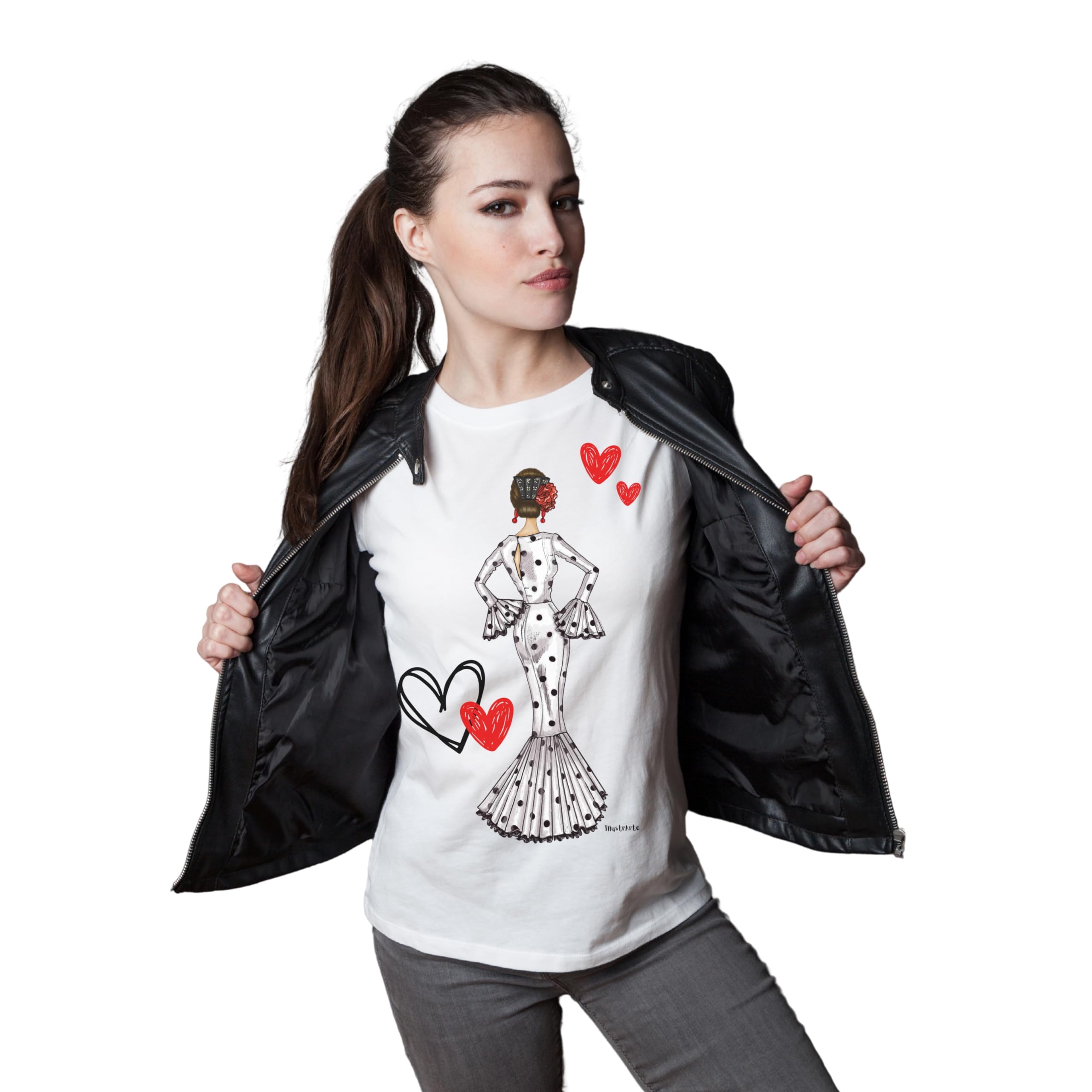 IllustrArte Camiseta semientallada 100% algodón orgánico de Manga Corta para Mujer, Flamenca, Traje de Flamenca