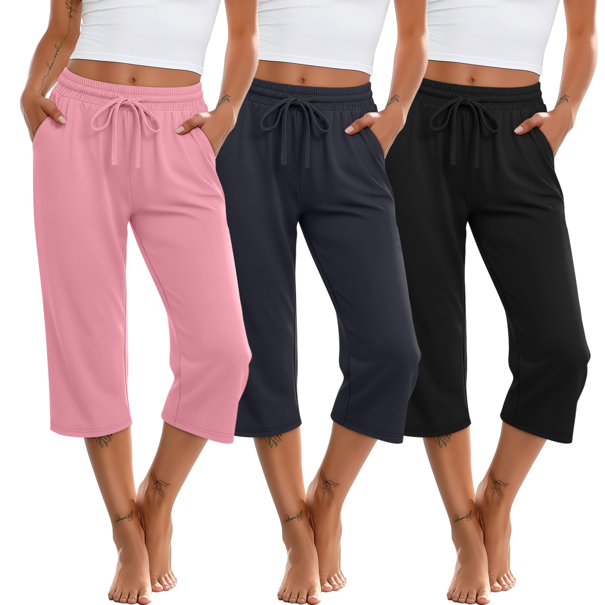 Huukeay 3 Pack Women's Capri Sweatpants Drawstring Lounge Capris Wide Leg Cropped Pants with Pockets Workout Yoga Joggers