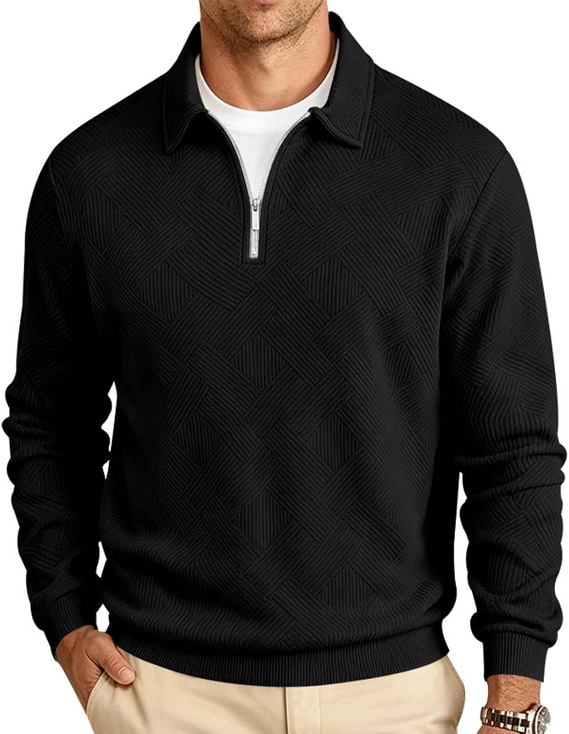 Men's Classic Jacquard Shirt Zip Collar Long Sleeve Knit Pullover