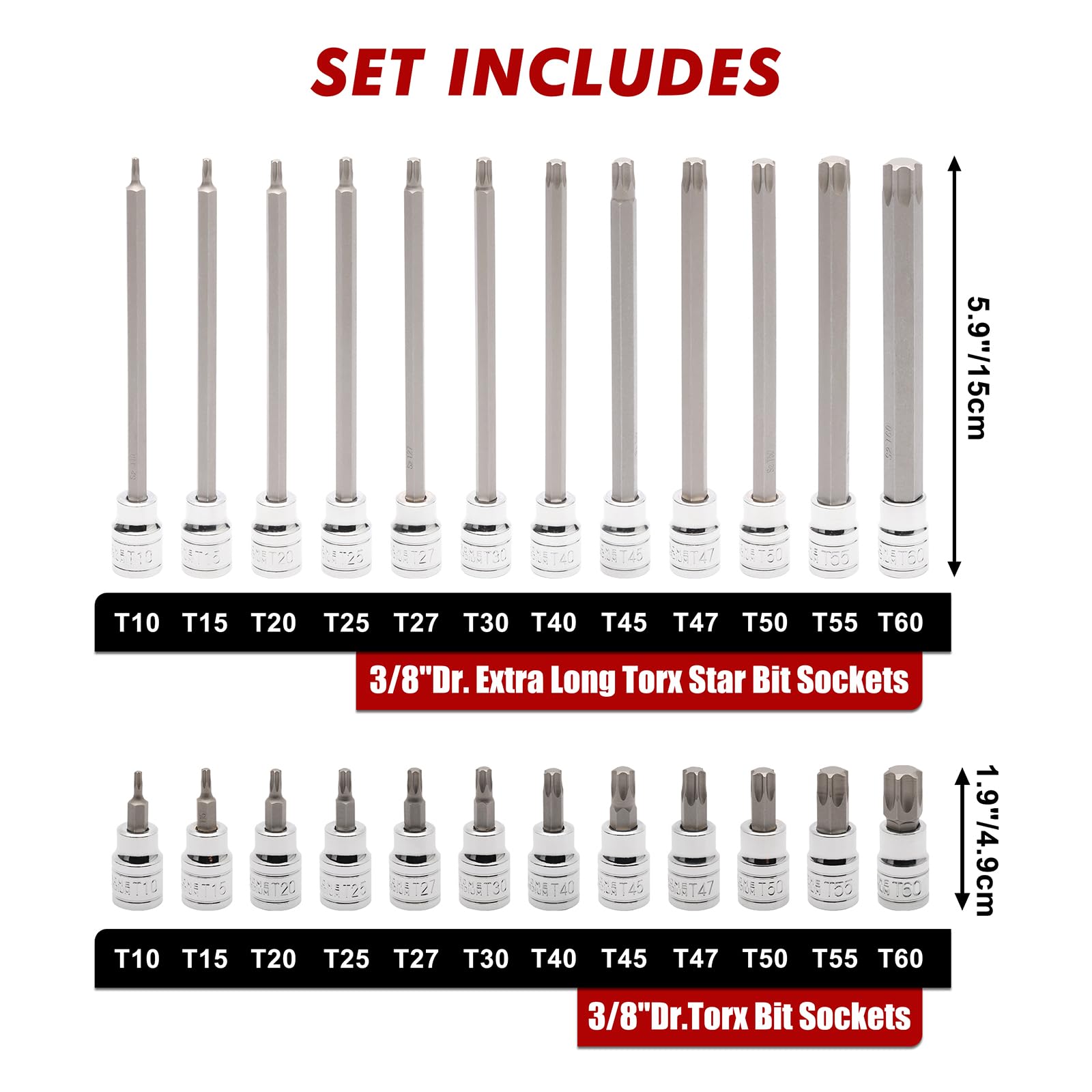 CASOMAN Juego de llaves de vaso Torx extralargas y estándar de 3/8 pulgadas, juego de brocas Torx Star, T10 a T60, longitud: 150 mm, acero CR-V y S2