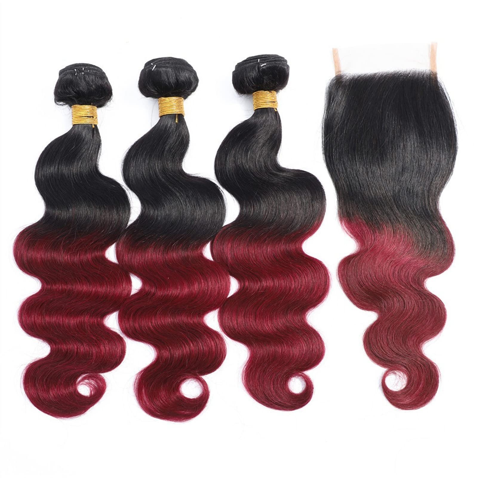 Hair Extensions Body Wave Ombre fasci di chiusura 1B/99J Two Tone Human Hair Weave Borgogna brasiliana Borgogna 3/4 fasci con chiusura di pizzo Remy Hair Weave Extensions Extension Capello Umano(28 28