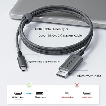 USB C DisplayPort 1.4 Kablo (8K@60Hz, 4K@240Hz, 2K@360Hz) HDR HDCP Type C to DP [Thunderbolt 5/4/3, DeX Mode Uyumlu], iPhone 15/16/17 Pro, MacBook, iPad Pro/Air, Samsung S25 Uyumlu, 1 Metre