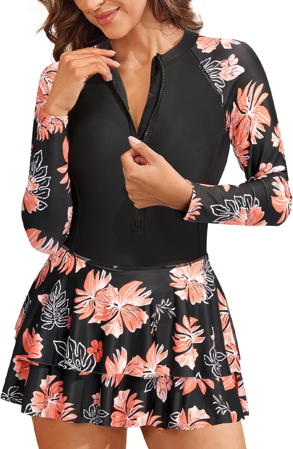 Daci Women Long Sleeve One Piece Rash Guard Modest Swimsuits Dress Zipper Bathing Suit Skirt with Short UPF 50+