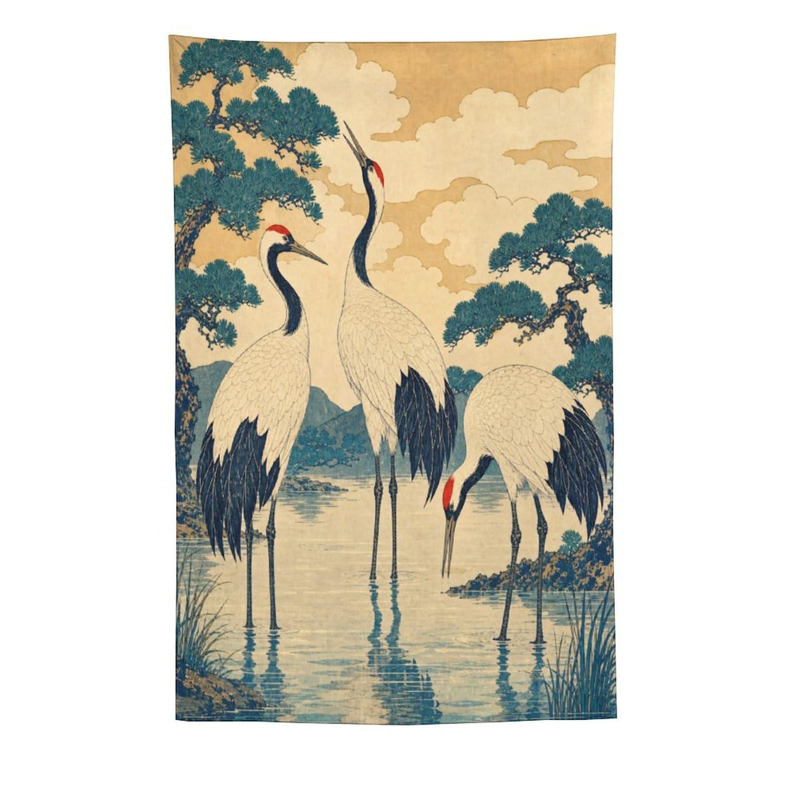 H3B8U2Y5 Cranes in Water Wall Tapestry, Ukiyo-e Style, Ceiling Hanging