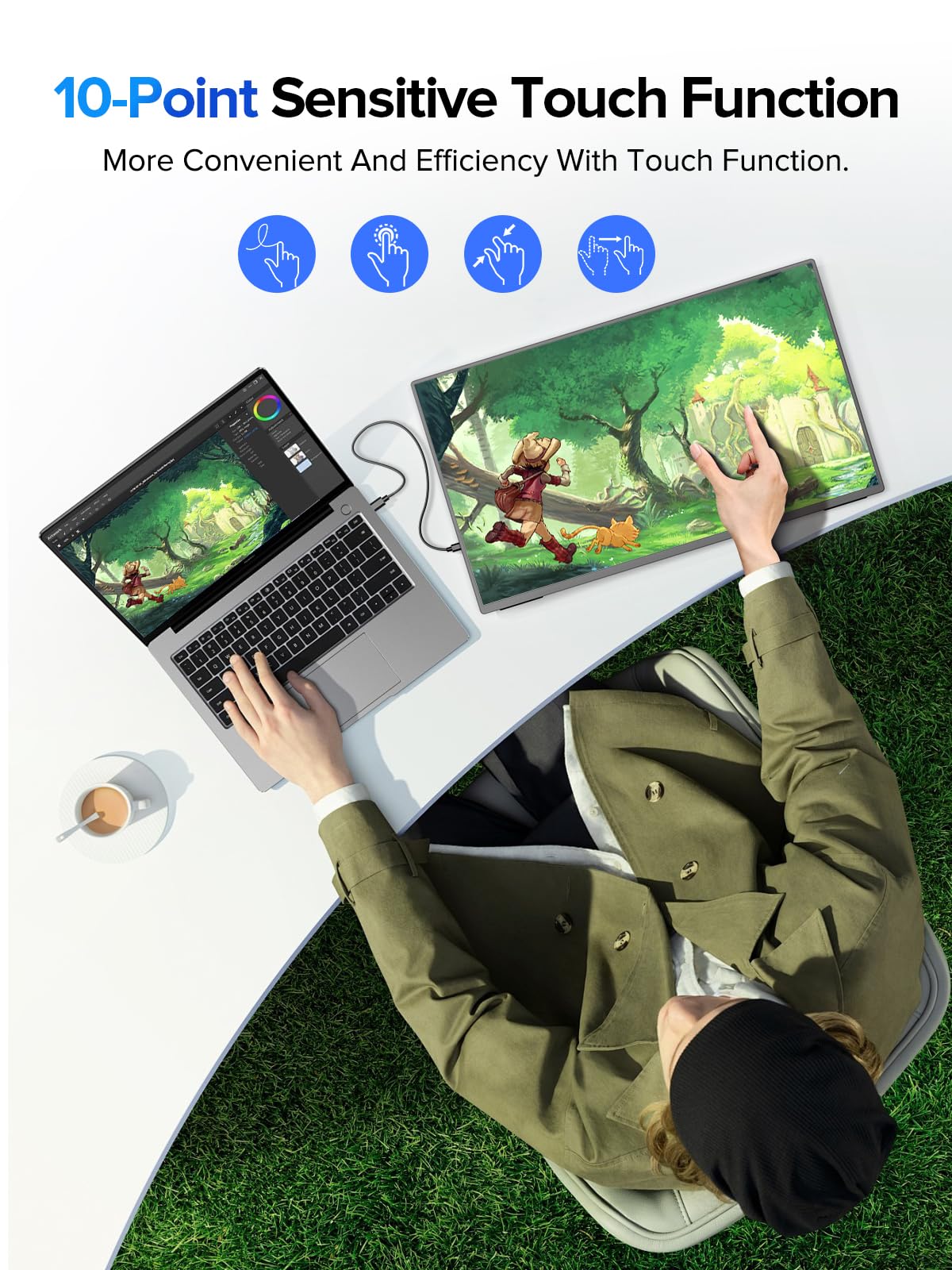 UPERFECT 24,5" 2K 165 Hz przenośny monitor dotykowy 2560 * 1440 QHD 100% sRGB z regulowanym uchwytem 180° Mini HDMI USB-C do konsoli do gier komputerowych, kompatybilny z VESA